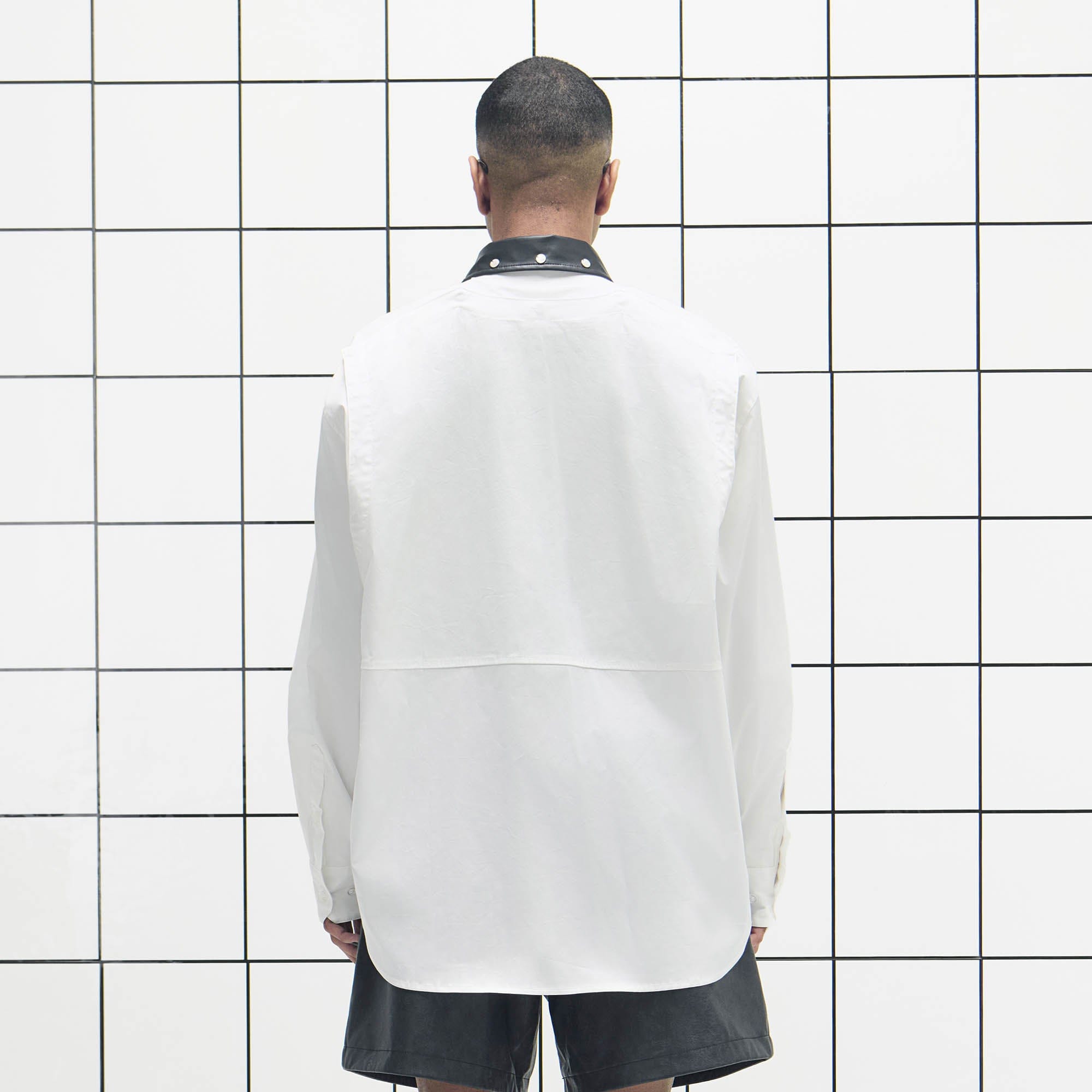 455EMBLE Faux Leather Collar Snap-Fastener Shirt, premium urban and streetwear designers apparel on PROJECTISR.com, 455EMBLE