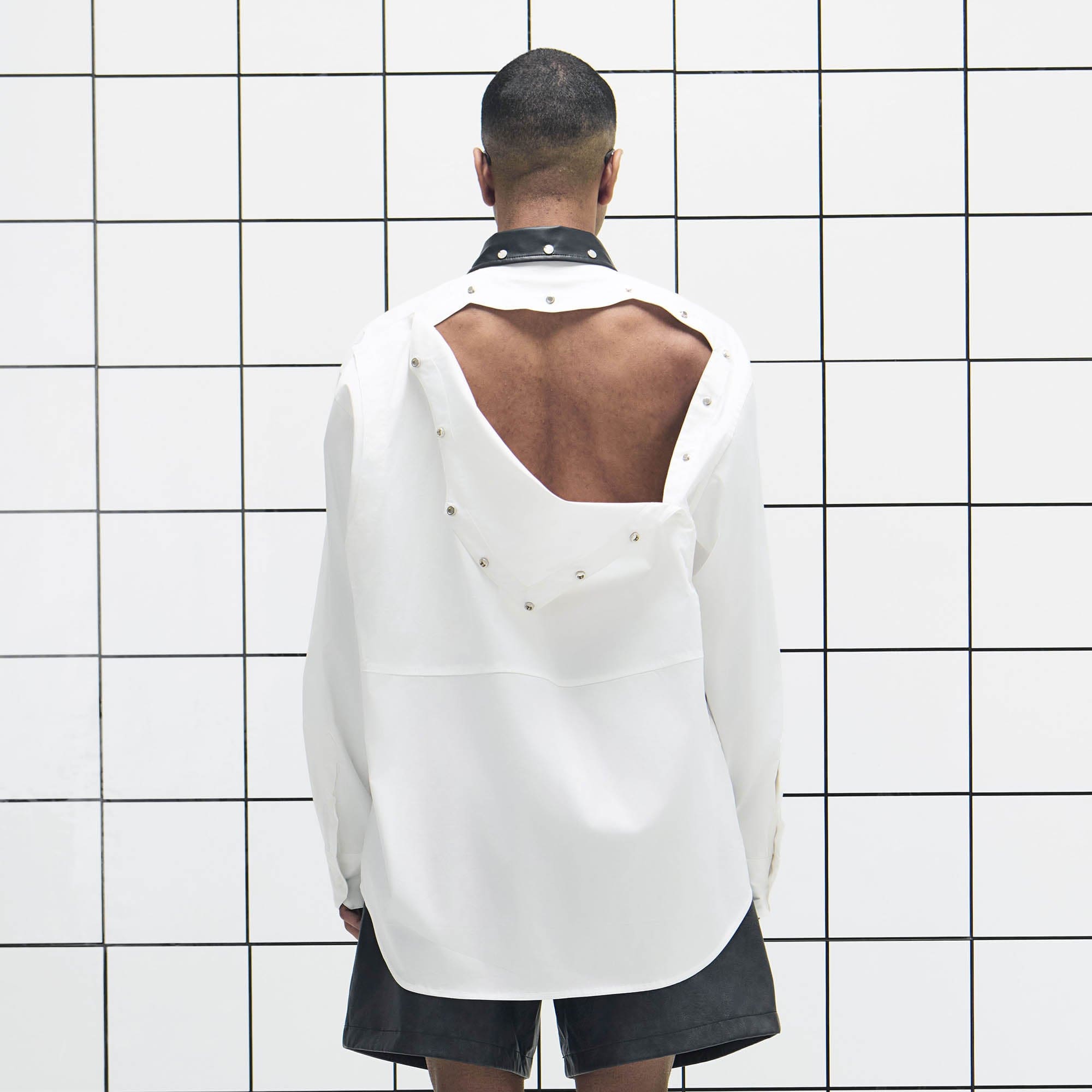 455EMBLE Faux Leather Collar Snap-Fastener Shirt, premium urban and streetwear designers apparel on PROJECTISR.com, 455EMBLE
