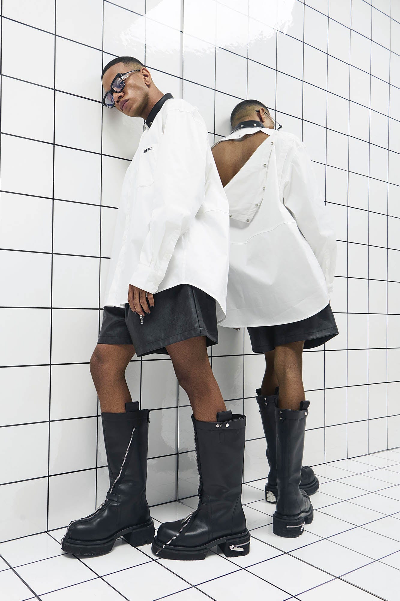 455EMBLE Faux Leather Collar Snap-Fastener Shirt, premium urban and streetwear designers apparel on PROJECTISR.com, 455EMBLE