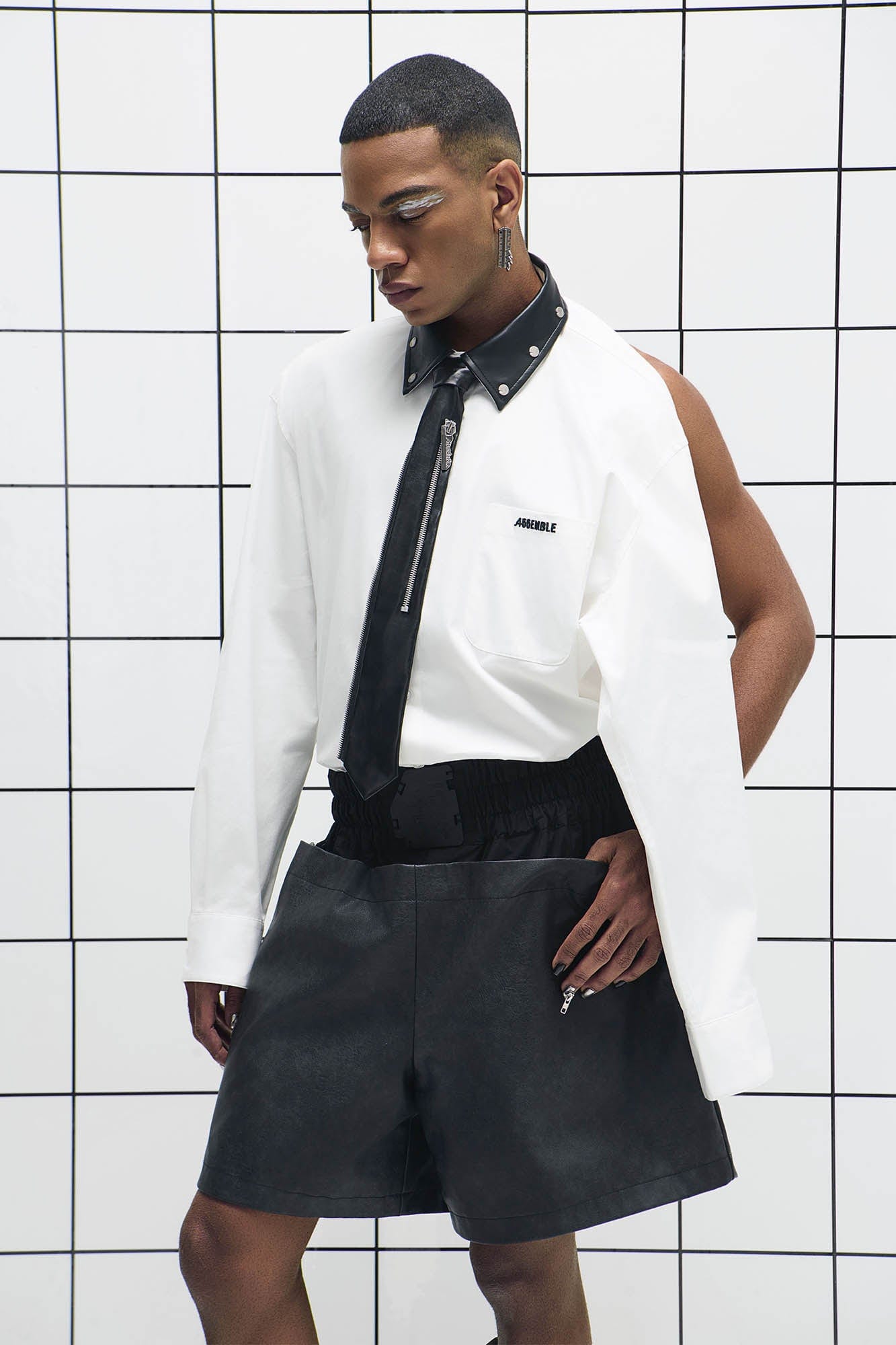 455EMBLE Faux Leather Collar Snap-Fastener Shirt, premium urban and streetwear designers apparel on PROJECTISR.com, 455EMBLE