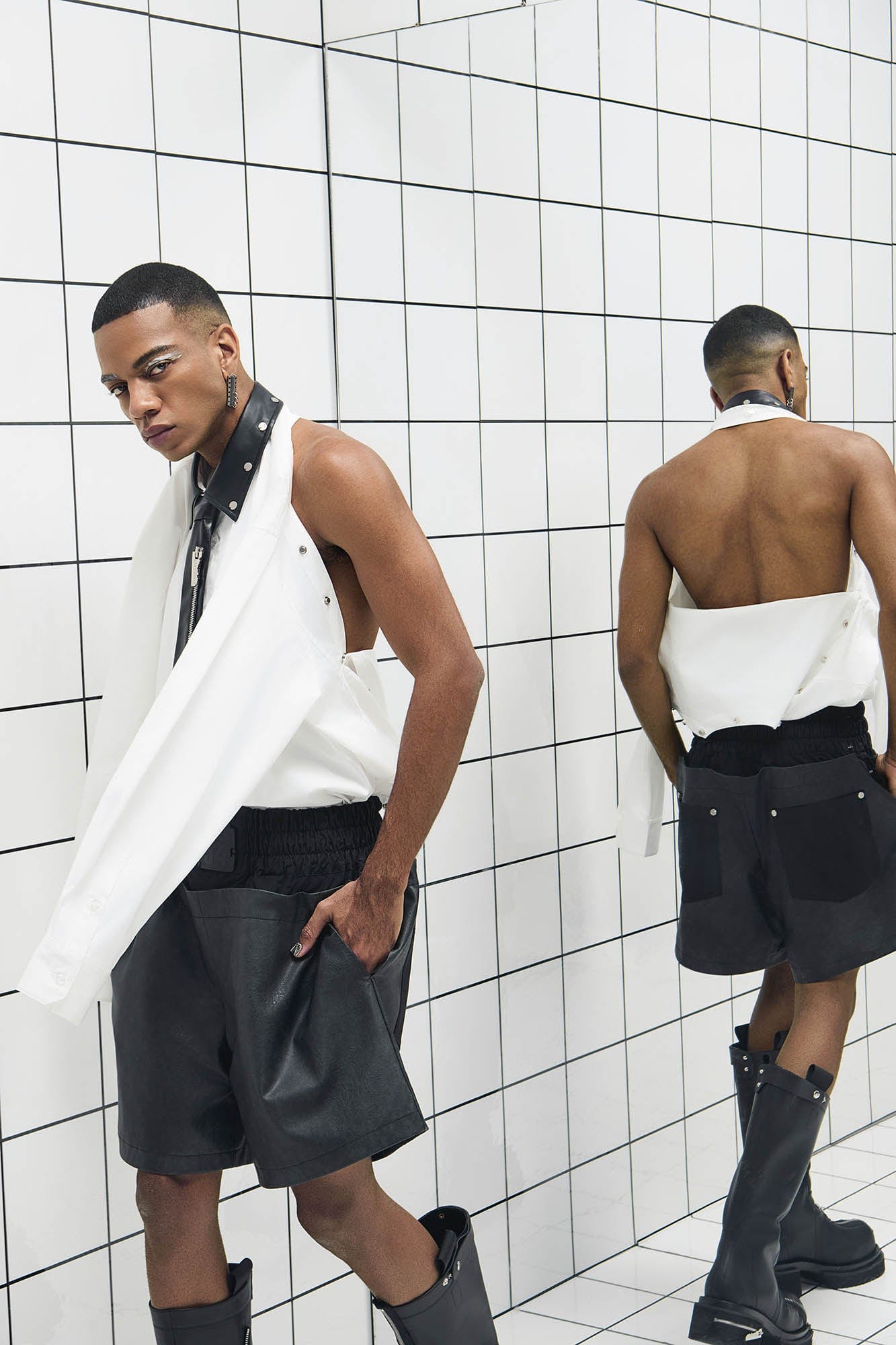 455EMBLE Faux Leather Collar Snap-Fastener Shirt, premium urban and streetwear designers apparel on PROJECTISR.com, 455EMBLE