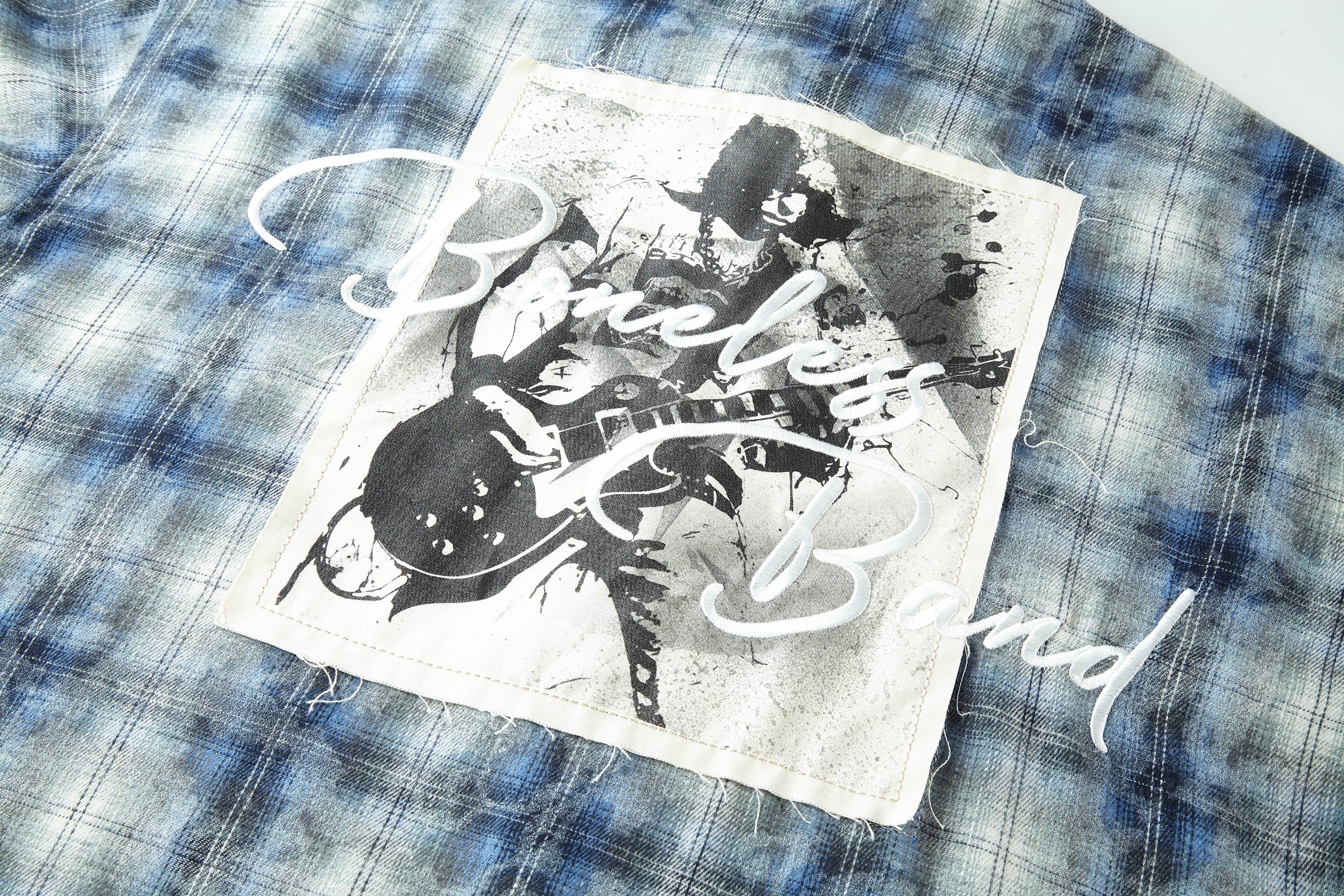 BONELESS Grunge Faded Check Band Patch Shirt, premium urban and streetwear designers apparel on PROJECTISR.com, BONELESS