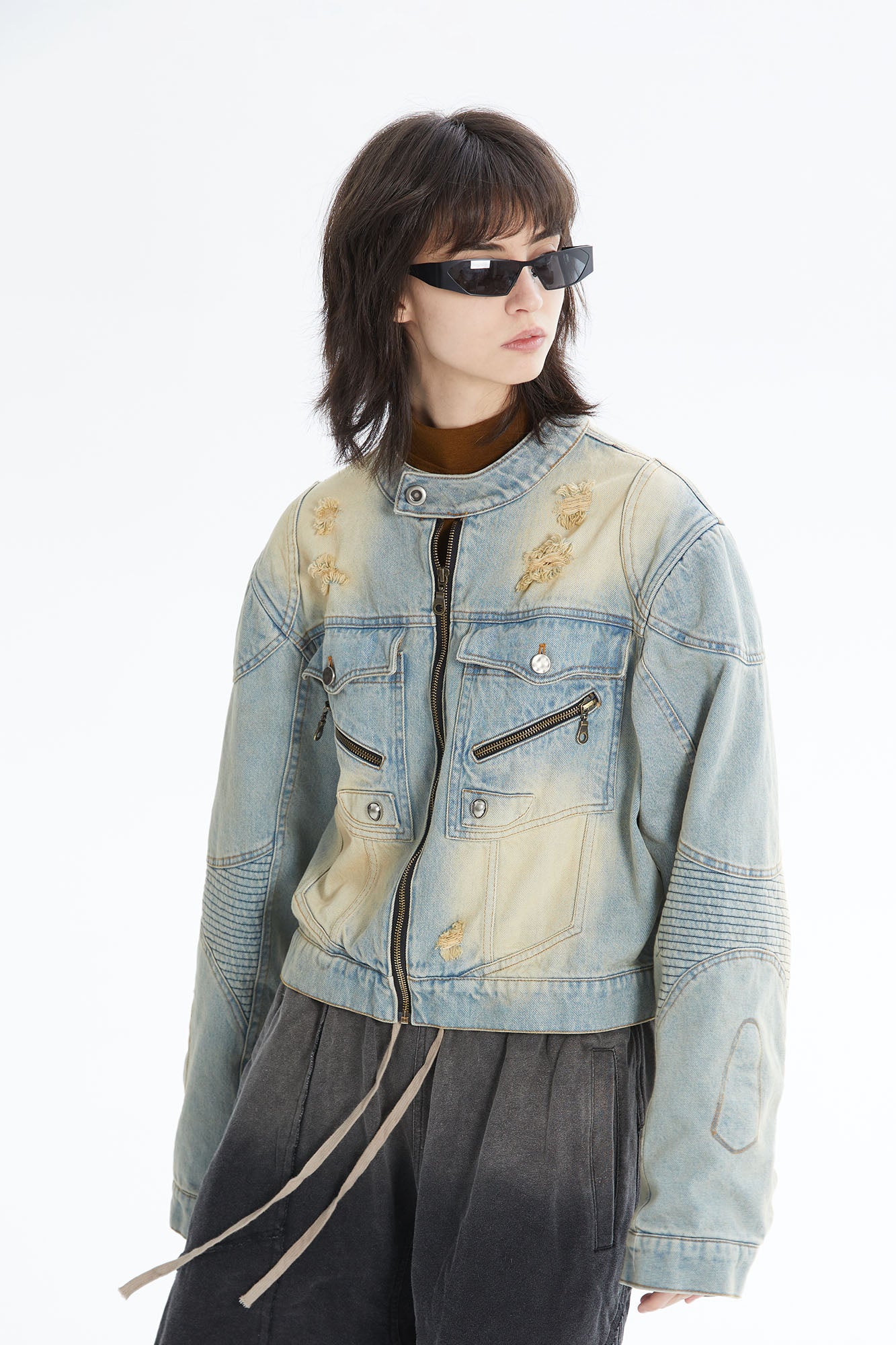 ERROR CODE ROBOT Distressed Washed Cropped Biker Denim Jacket, premium urban and streetwear designers apparel on PROJECTISR.com, ERROR CODE ROBOT