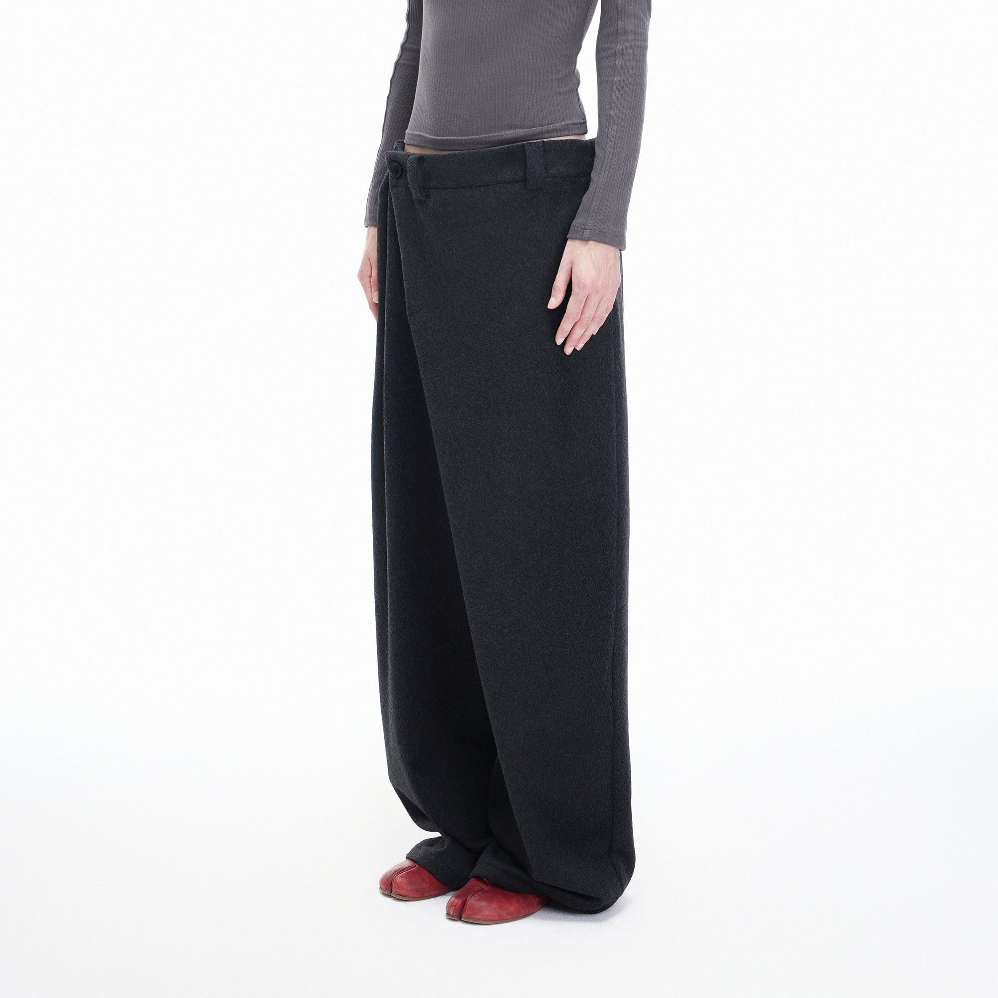 ARTIFICIAL WORLD Asymmetrical Overlay Wool Wide-Leg Pants, premium urban and streetwear designers apparel on PROJECTISR.com, ARTIFICIAL WORLD