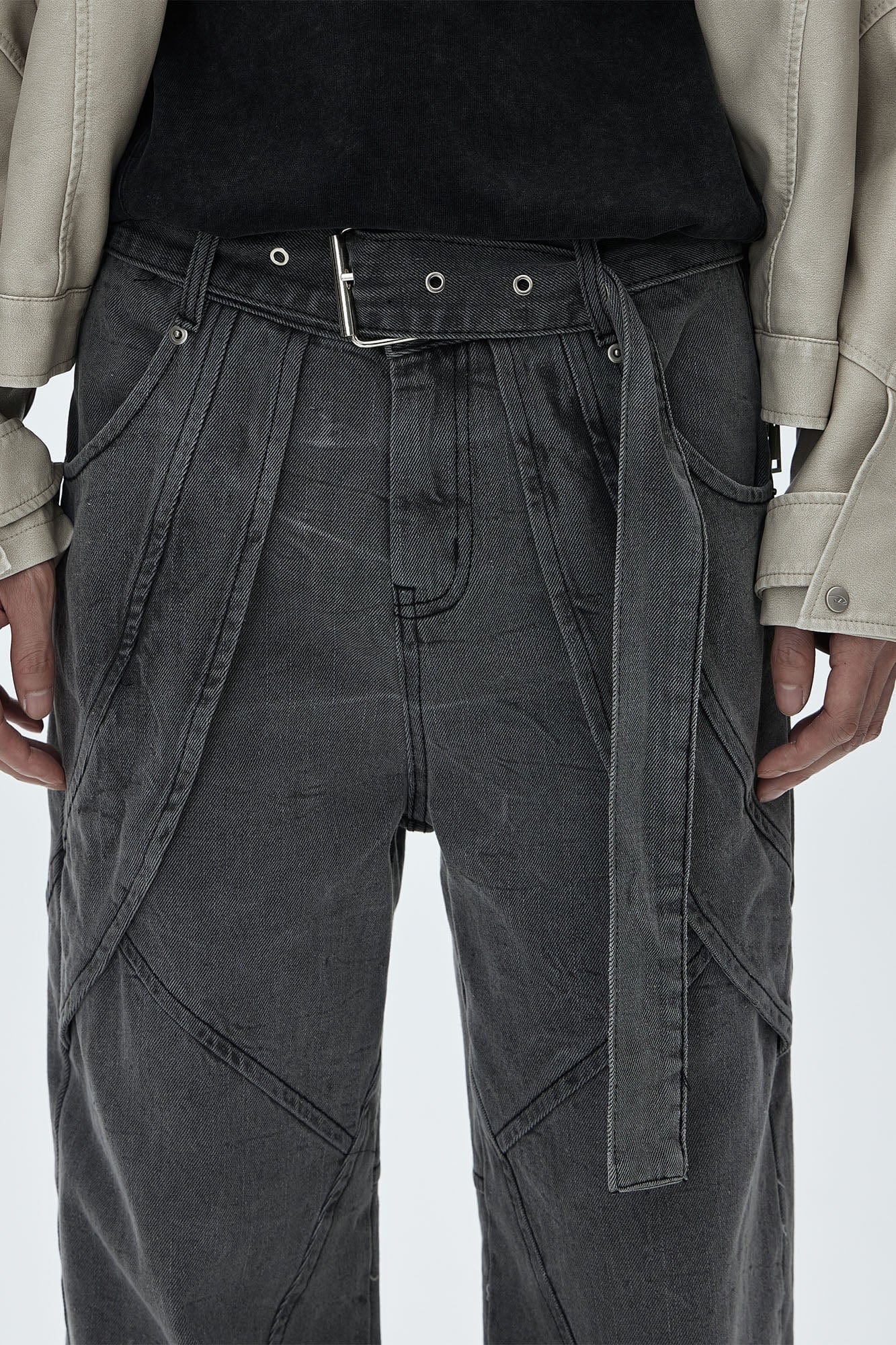 CATSSTAC Panel Washed Detachable Belt Wide-Leg Jeans, premium urban and streetwear designers apparel on PROJECTISR.com, CATSSTAC