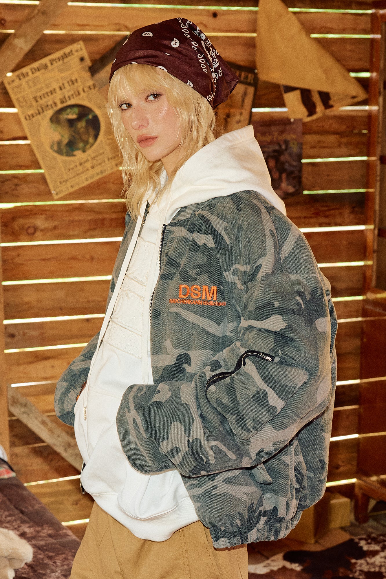 DONSMOKE Paneled Camo Embroidered LOGO Bomber Jacket