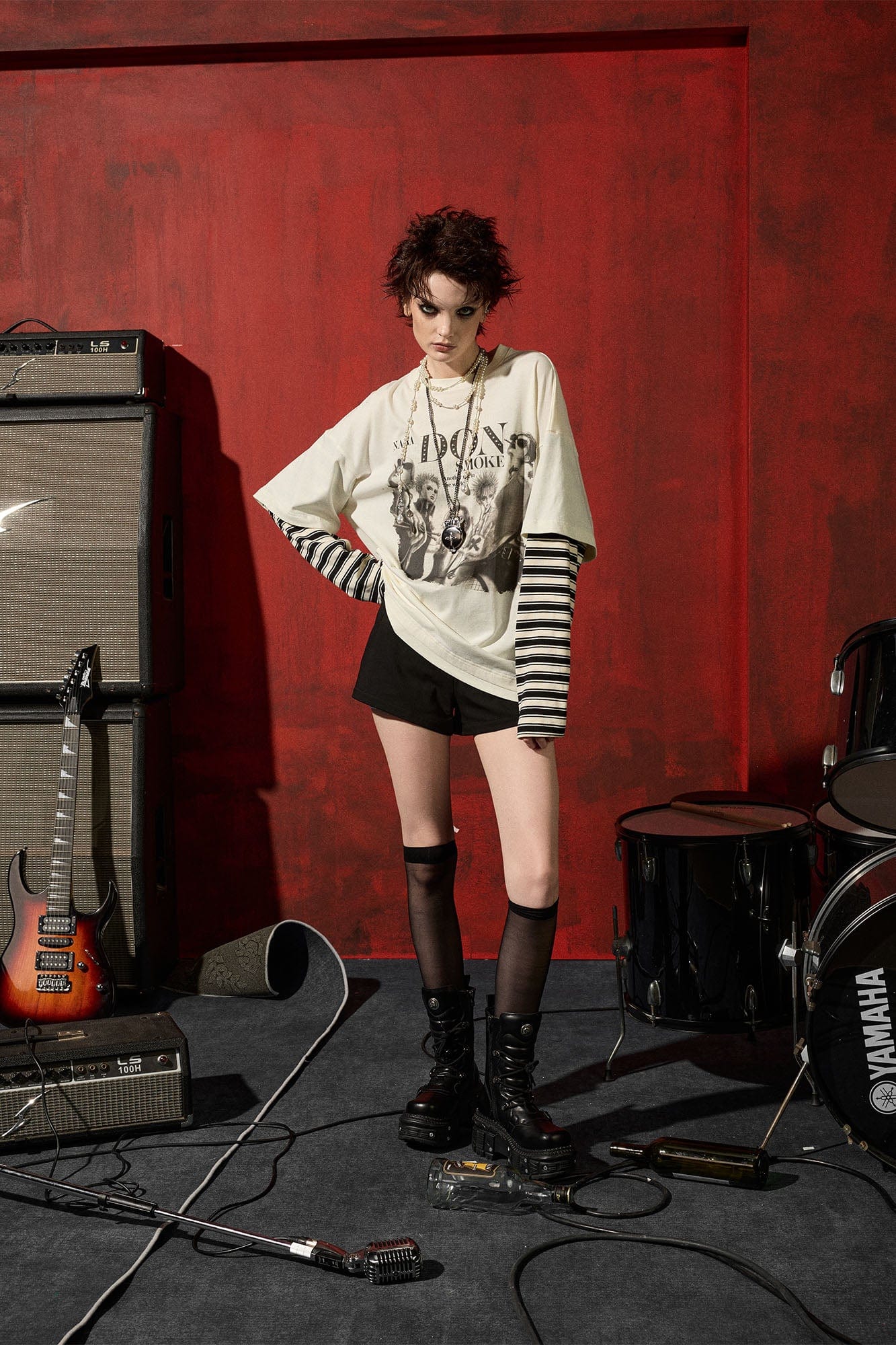 DONSMOKE×NANA Punk Striped Layered Long-Sleeve Tee, premium urban and streetwear designers apparel on PROJECTISR.com, DONSMOKE