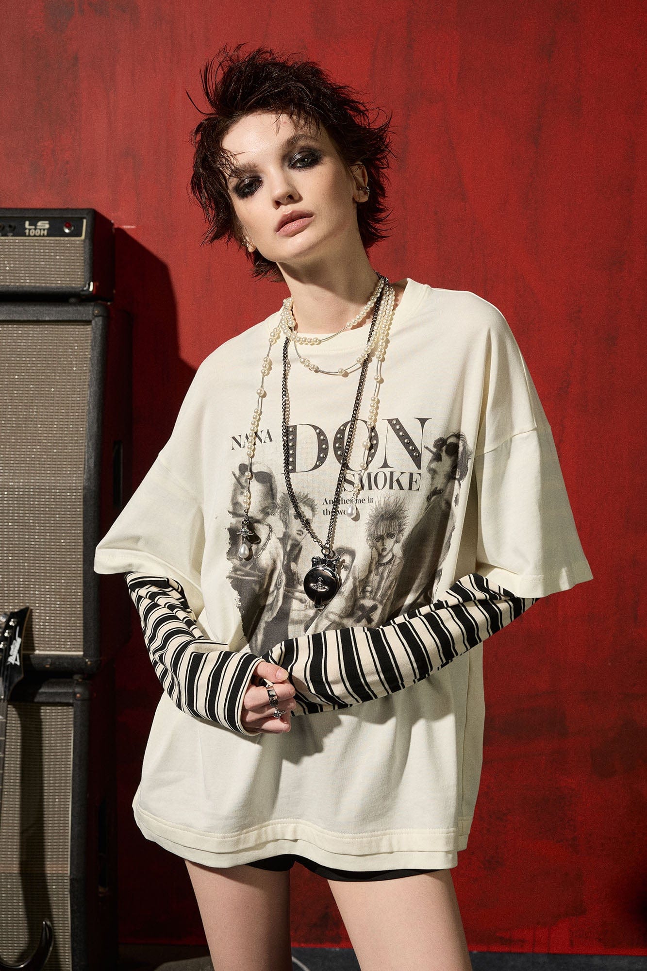 DONSMOKE×NANA Punk Striped Layered Long-Sleeve Tee, premium urban and streetwear designers apparel on PROJECTISR.com, DONSMOKE