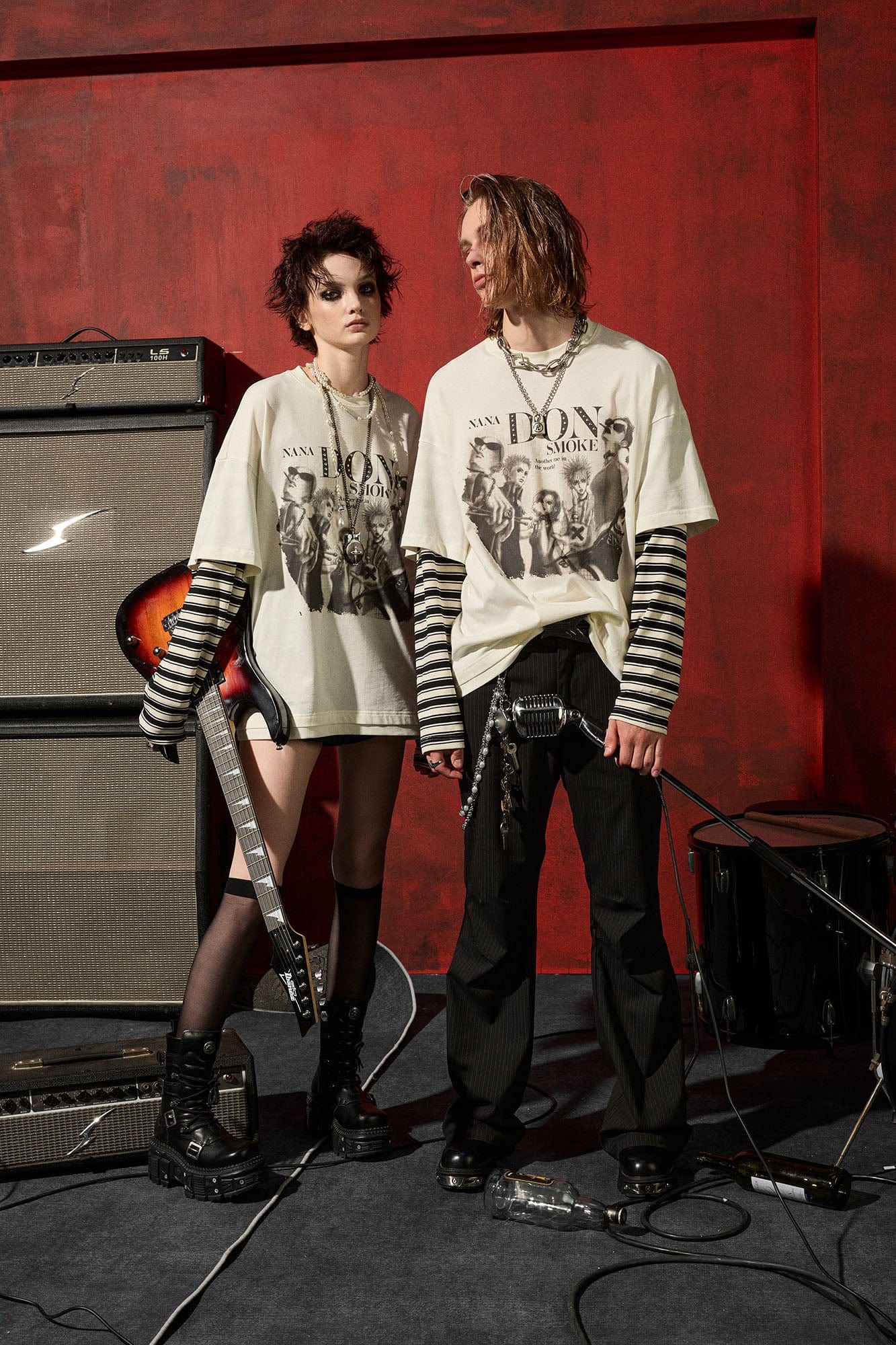 DONSMOKE×NANA Punk Striped Layered Long-Sleeve Tee, premium urban and streetwear designers apparel on PROJECTISR.com, DONSMOKE