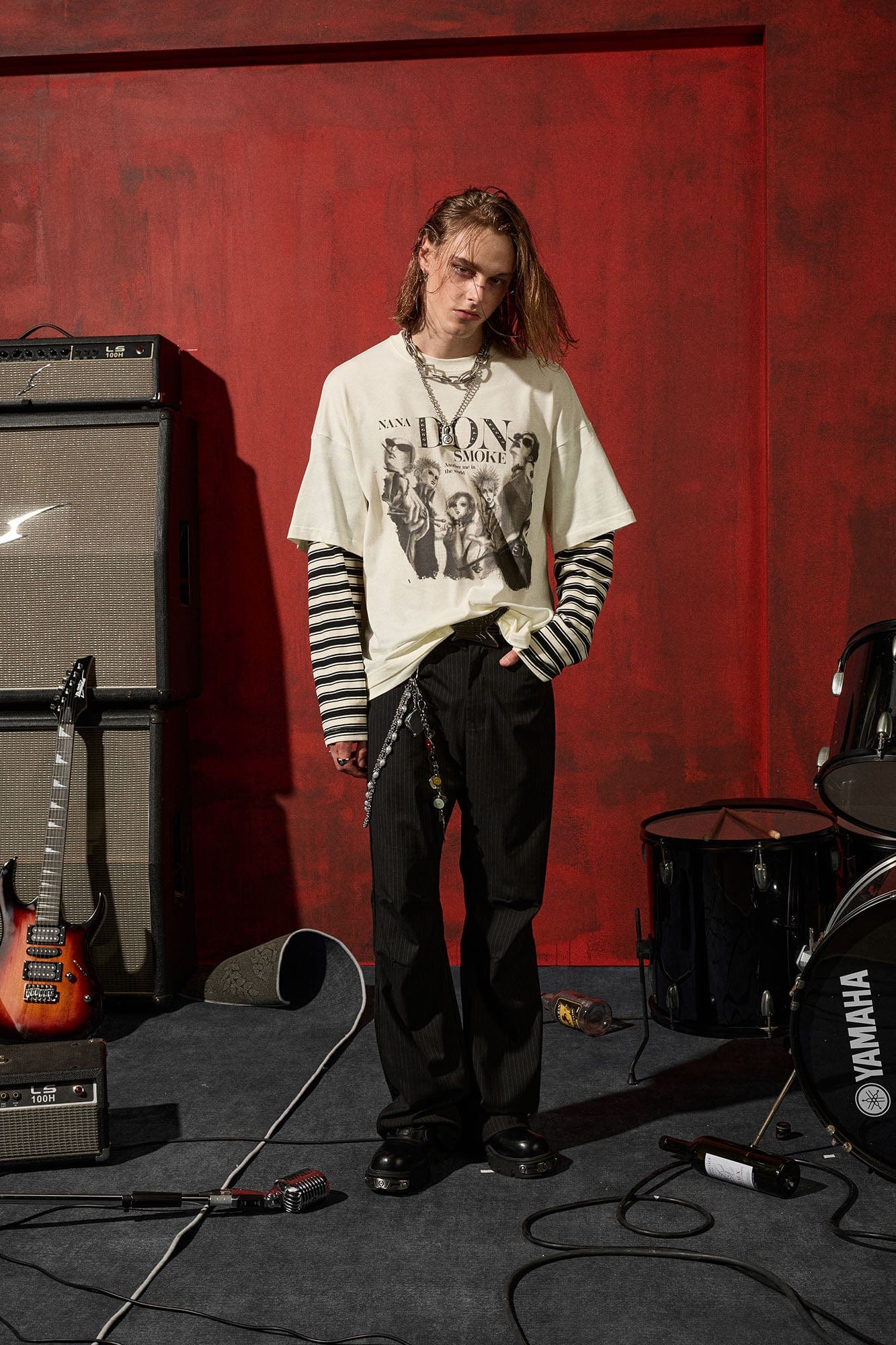 DONSMOKE×NANA Punk Striped Layered Long-Sleeve Tee, premium urban and streetwear designers apparel on PROJECTISR.com, DONSMOKE