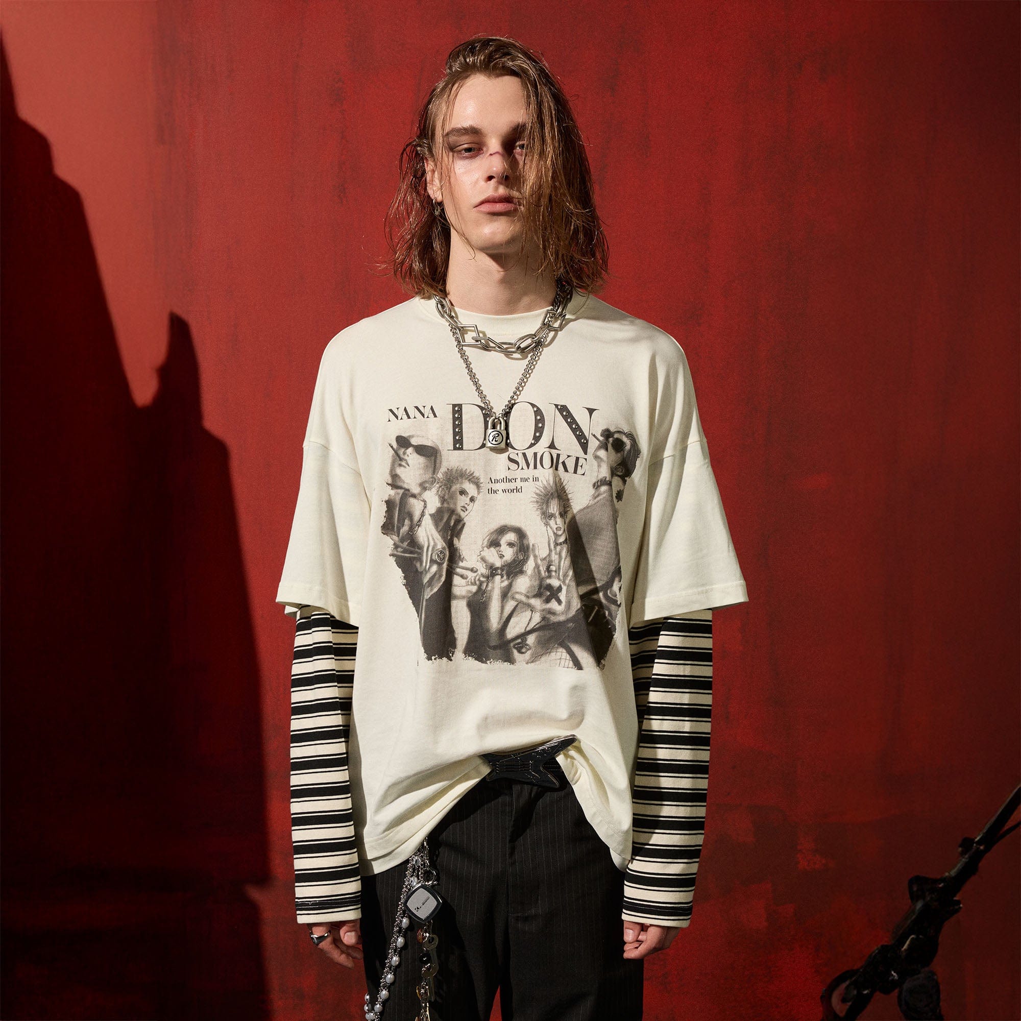 DONSMOKE×NANA Punk Striped Layered Long-Sleeve Tee, premium urban and streetwear designers apparel on PROJECTISR.com, DONSMOKE