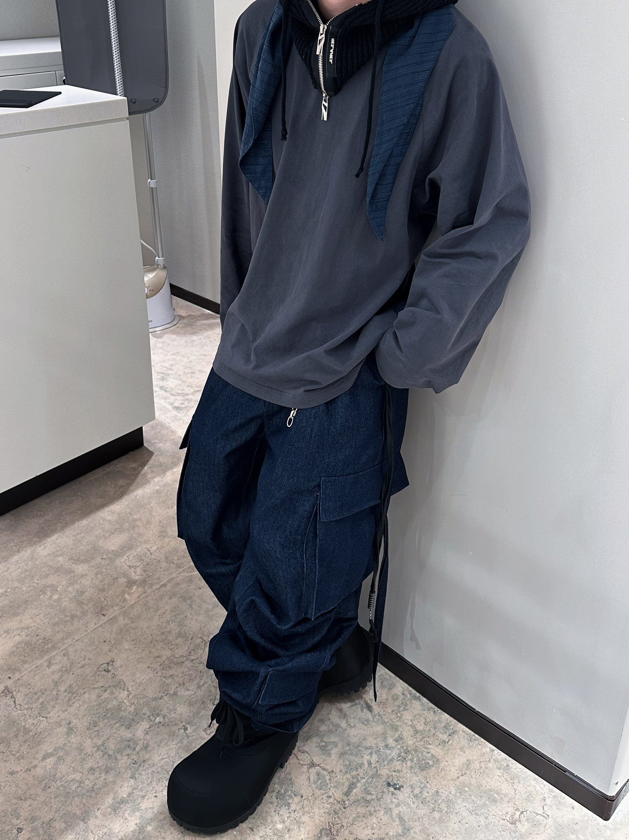 RELABEL Straped Big Pockets Rivet Washed Denim Cargo, premium urban and streetwear designers apparel on PROJECTISR.com, RELABEL