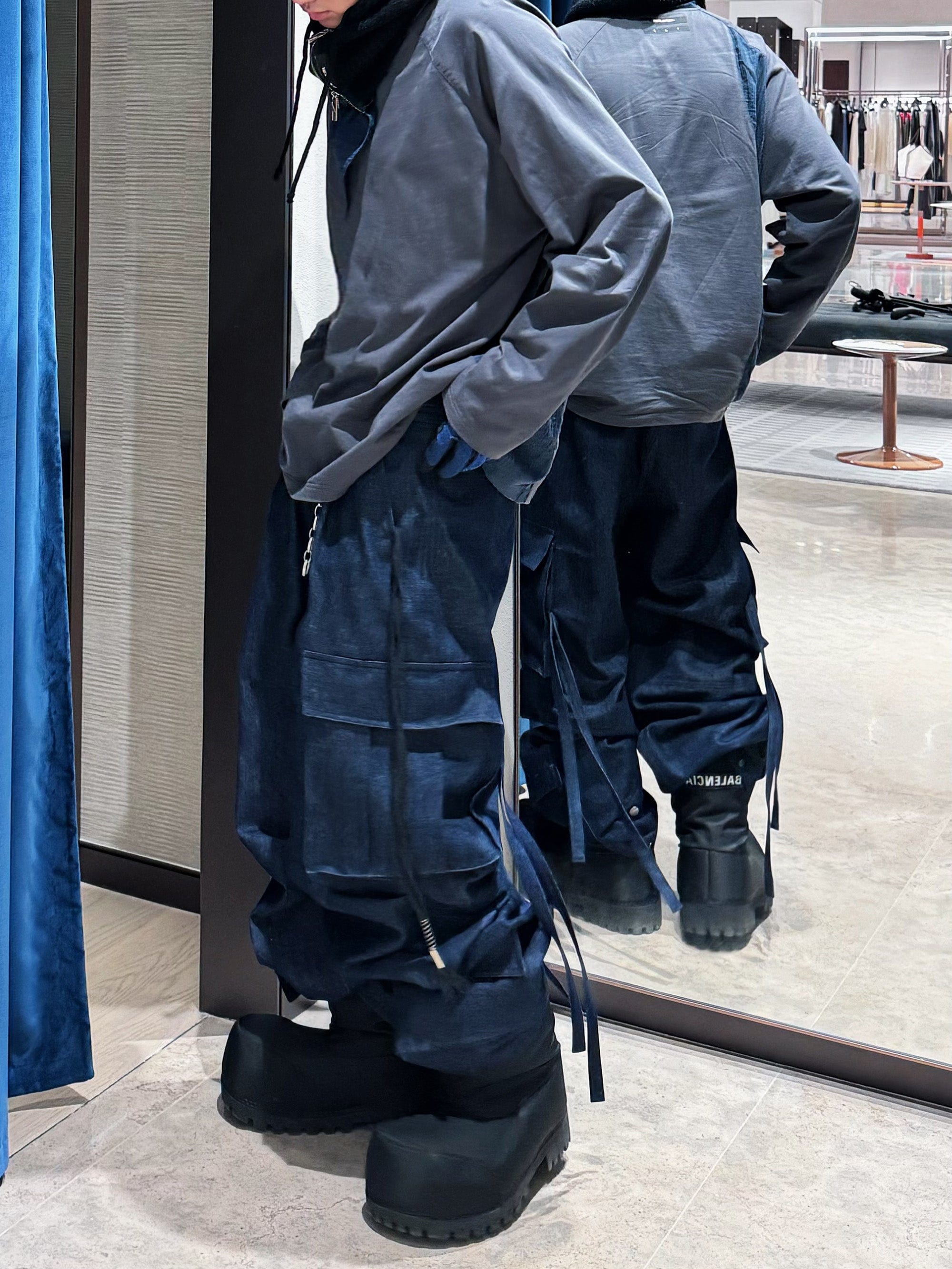 RELABEL Straped Big Pockets Rivet Washed Denim Cargo, premium urban and streetwear designers apparel on PROJECTISR.com, RELABEL