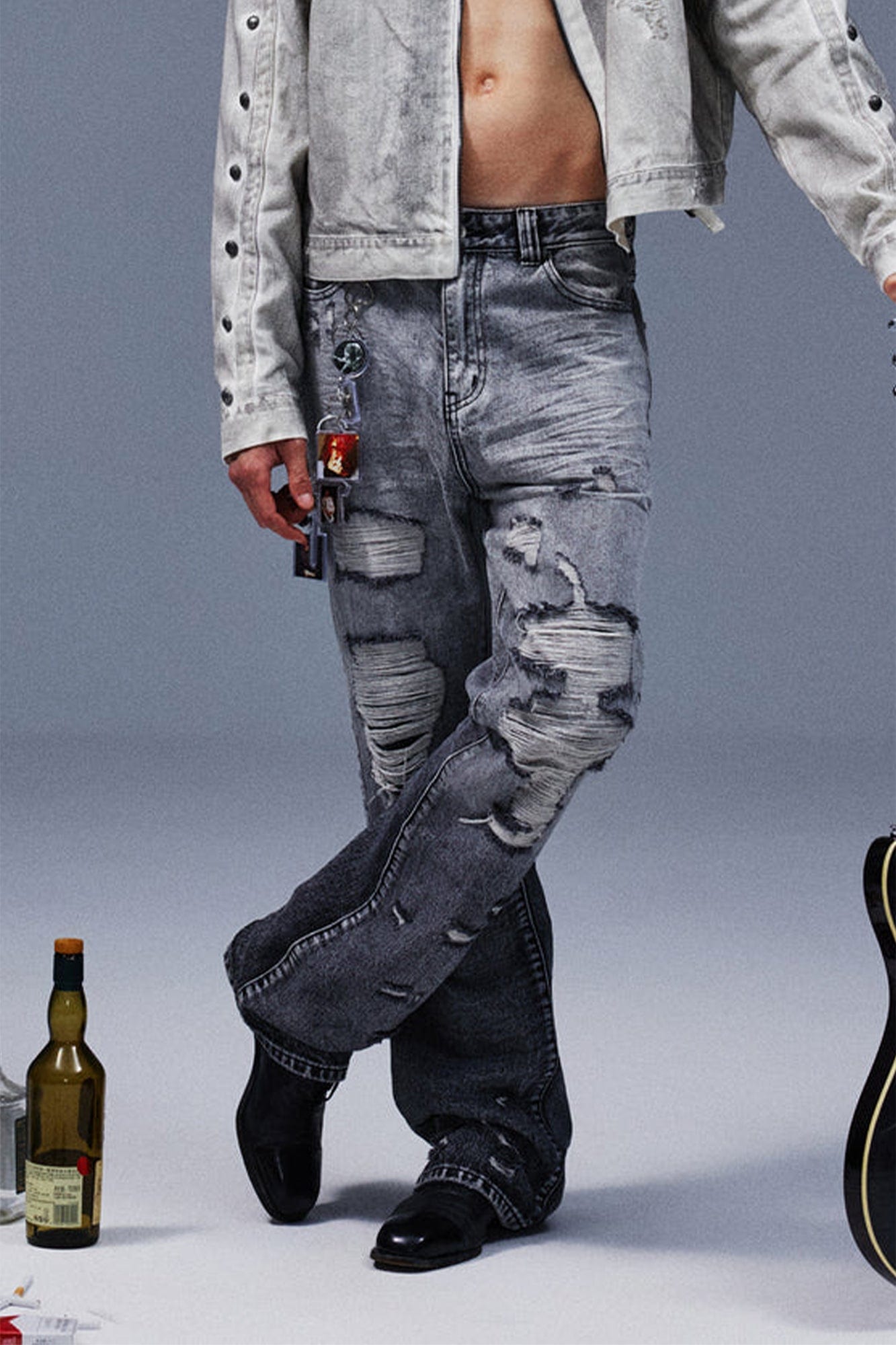 TECNINEGROUP Distressed Ash-Washed Flared Jeans, premium urban and streetwear designers apparel on PROJECTISR.com, TECNINEGROUP