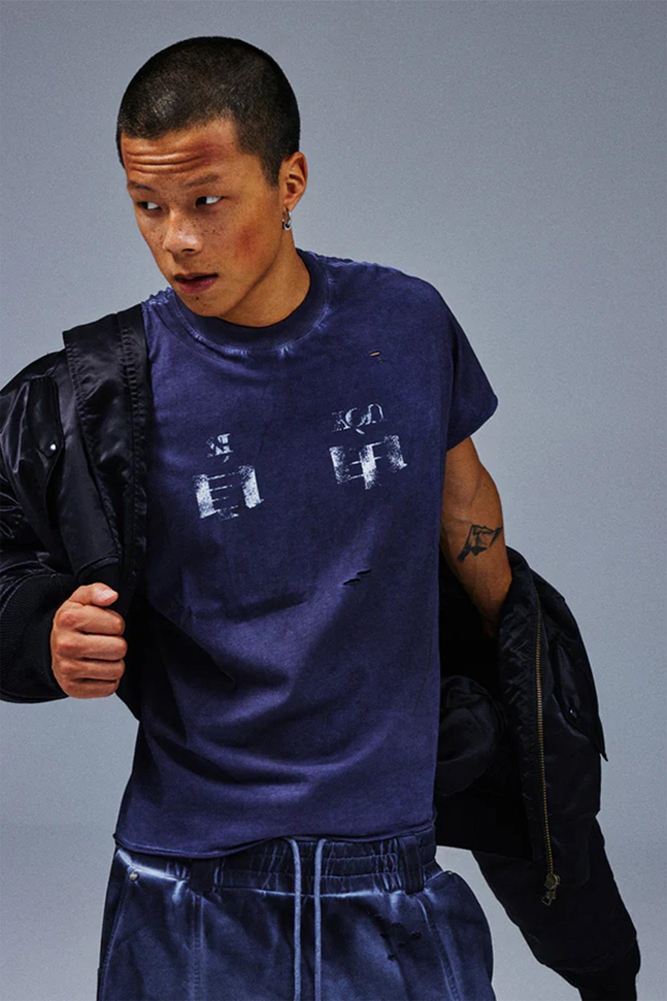 TECNINEGROUP Distressed Blue-Dyed Graphic T-Shirt, premium urban and streetwear designers apparel on PROJECTISR.com, TECNINEGROUP
