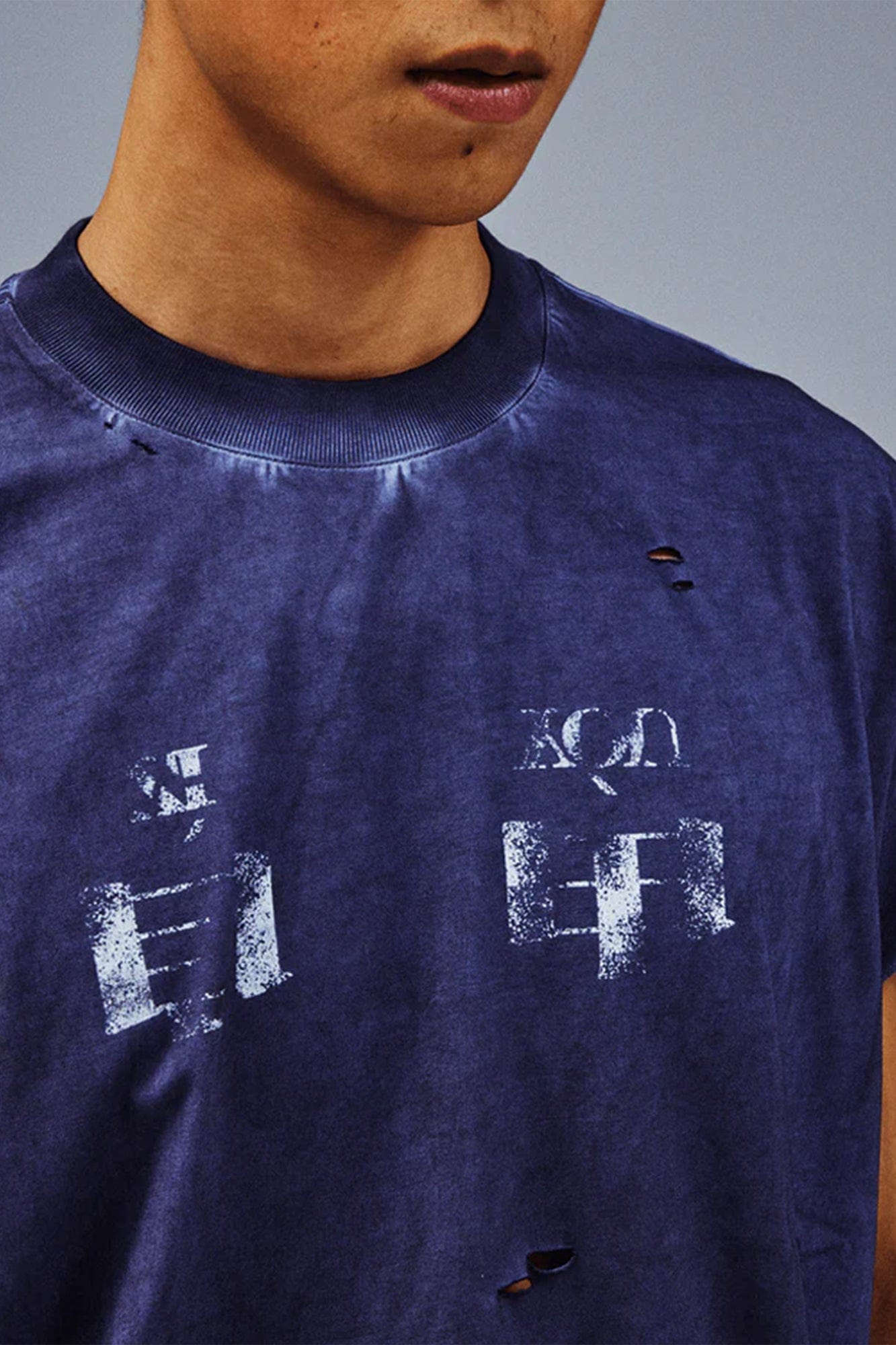 TECNINEGROUP Distressed Blue-Dyed Graphic T-Shirt, premium urban and streetwear designers apparel on PROJECTISR.com, TECNINEGROUP