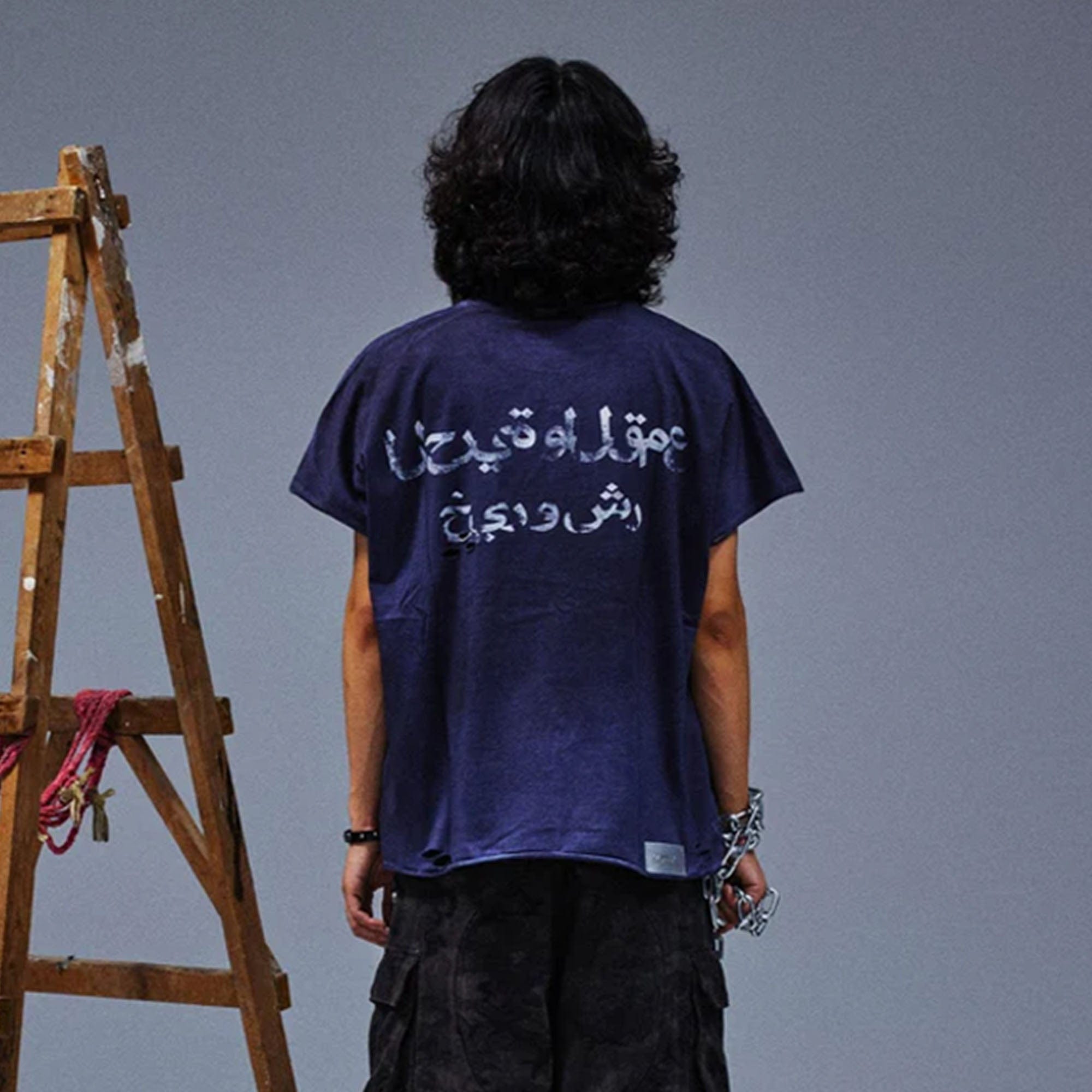 TECNINEGROUP Distressed Blue-Dyed Graphic T-Shirt, premium urban and streetwear designers apparel on PROJECTISR.com, TECNINEGROUP