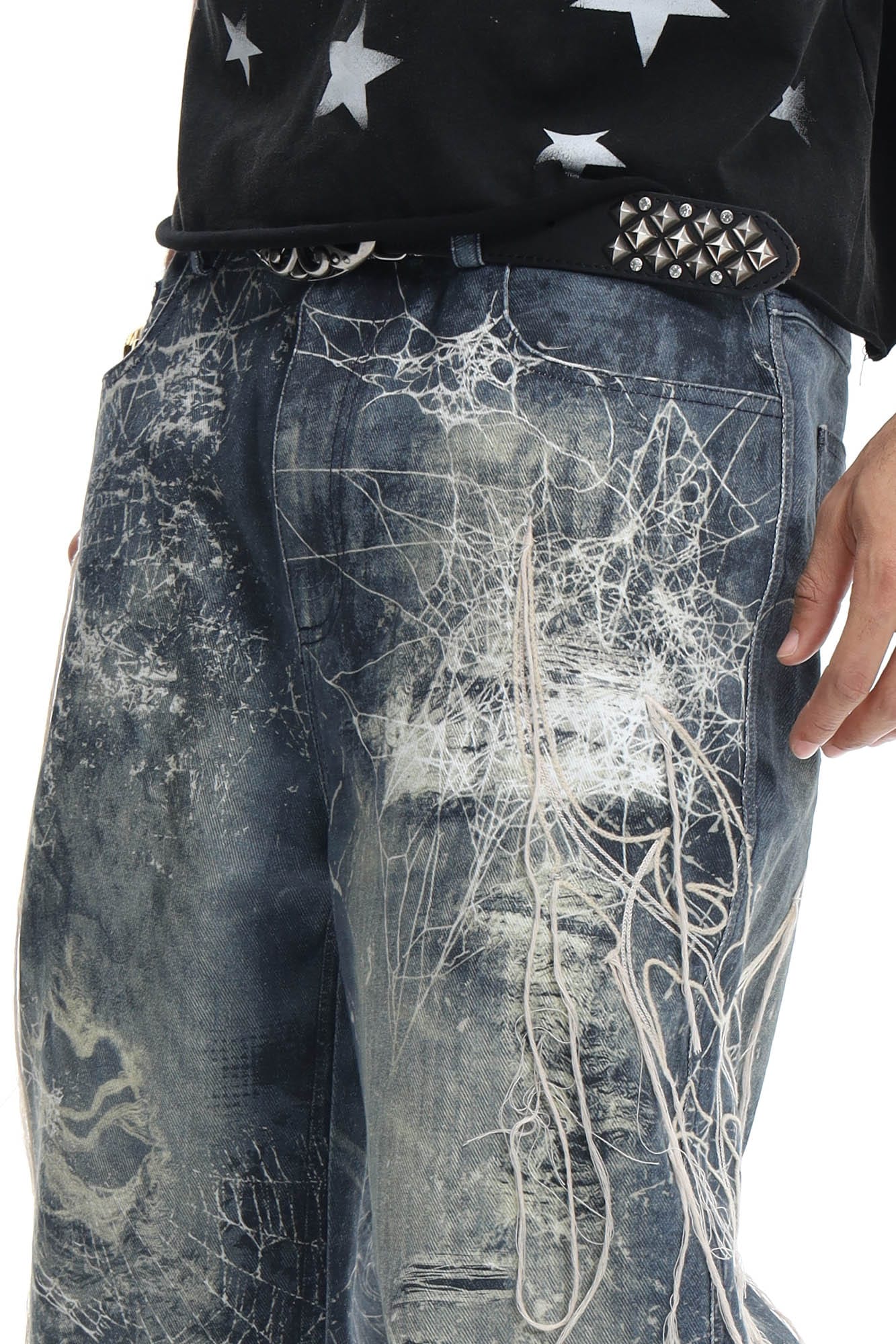 DND4DES Distressed Spider Web Embroidered Jeans, premium urban and streetwear designers apparel on PROJECTISR.com, DND4DES