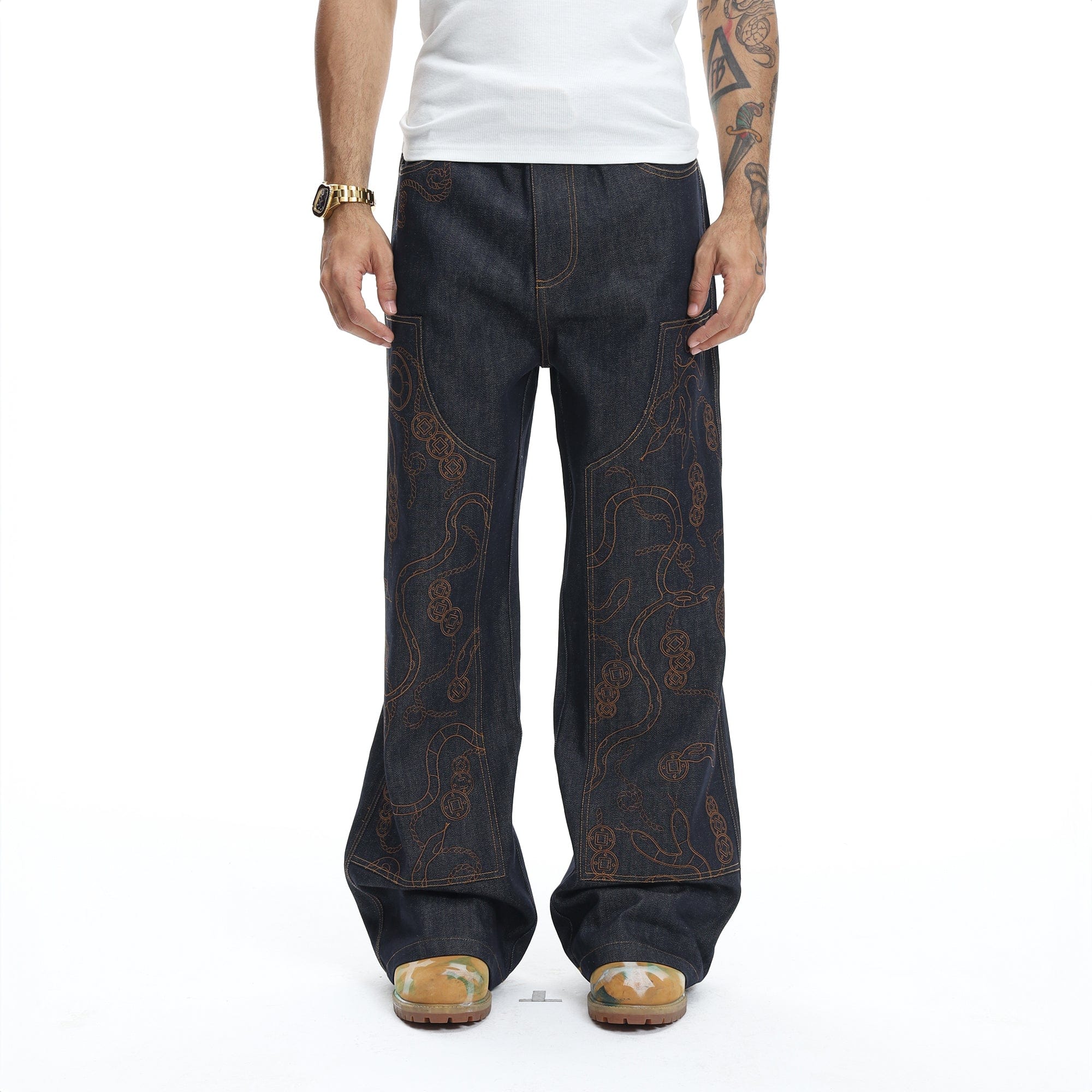DND4DES Embroidered Snake Double Knee Jeans, premium urban and streetwear designers apparel on PROJECTISR.com, DND4DES