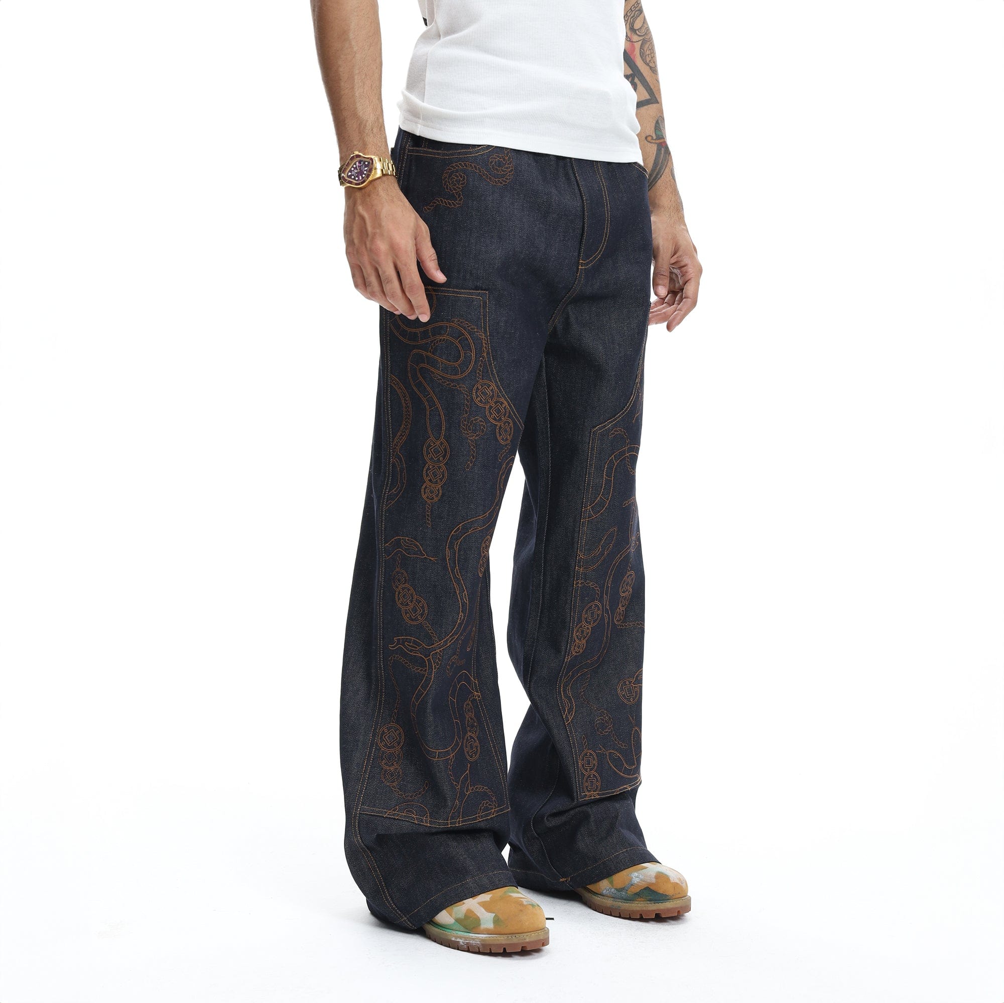DND4DES Embroidered Snake Double Knee Jeans, premium urban and streetwear designers apparel on PROJECTISR.com, DND4DES