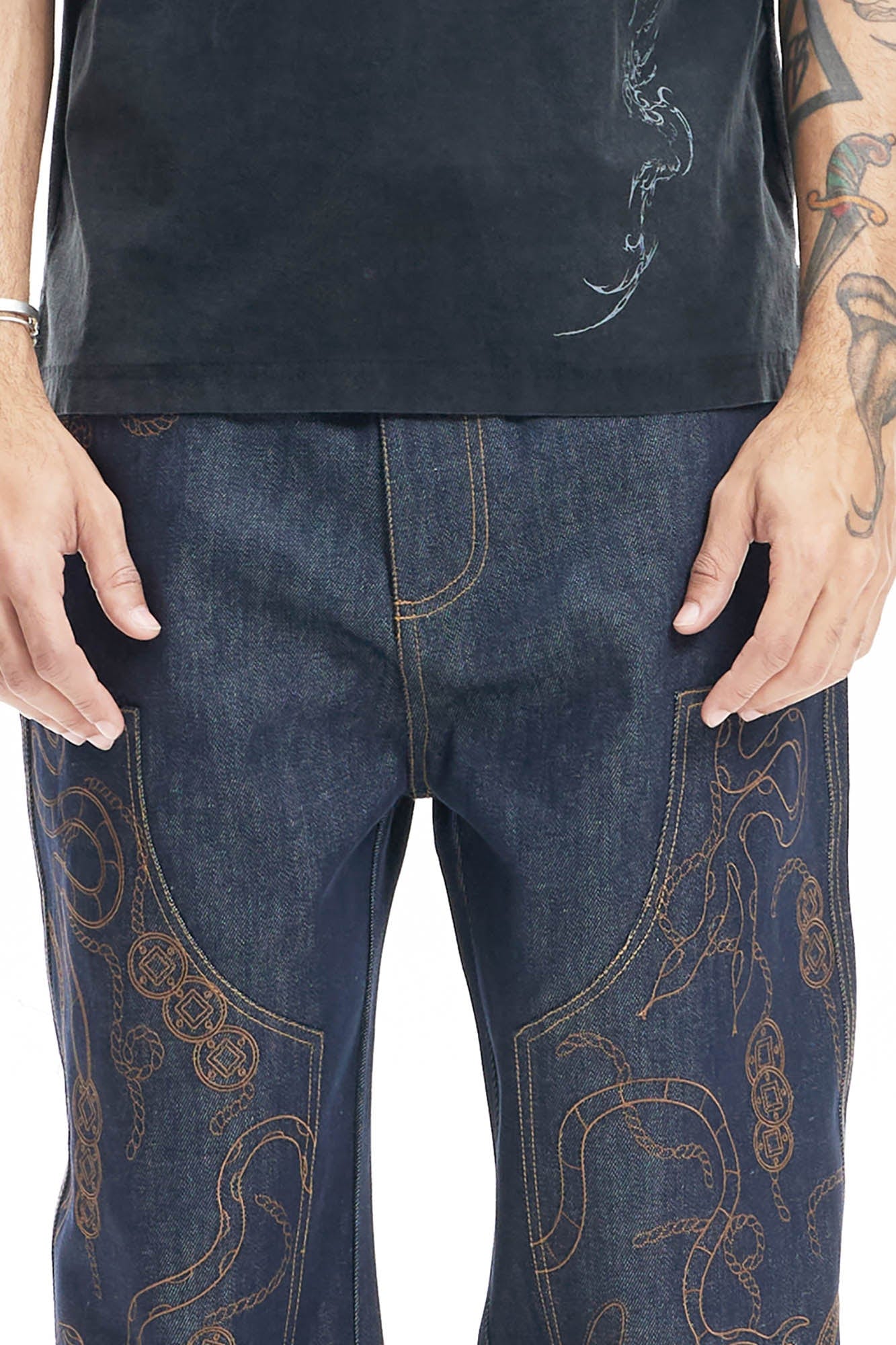 DND4DES Embroidered Snake Double Knee Jeans, premium urban and streetwear designers apparel on PROJECTISR.com, DND4DES