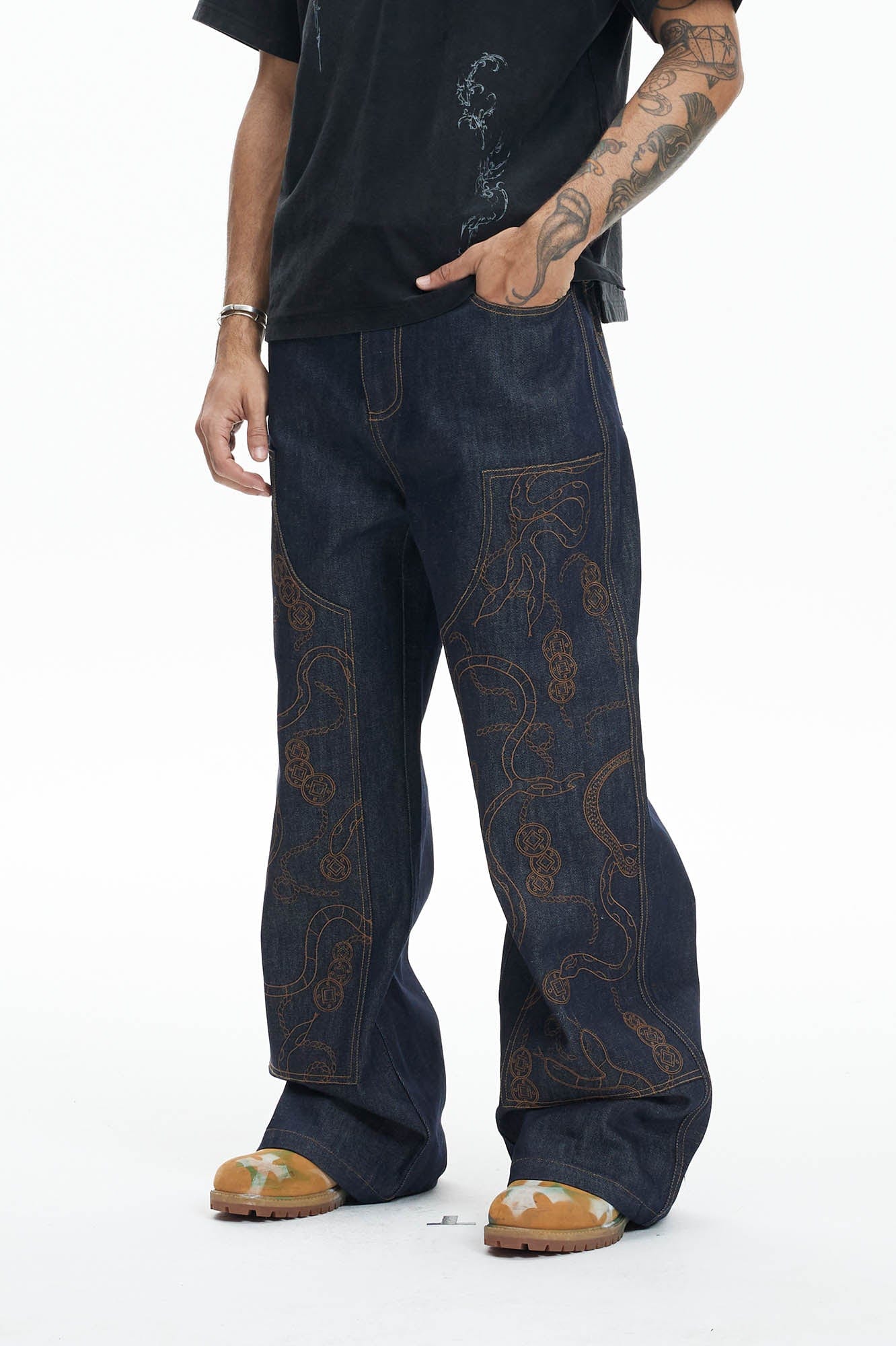 DND4DES Embroidered Snake Double Knee Jeans, premium urban and streetwear designers apparel on PROJECTISR.com, DND4DES
