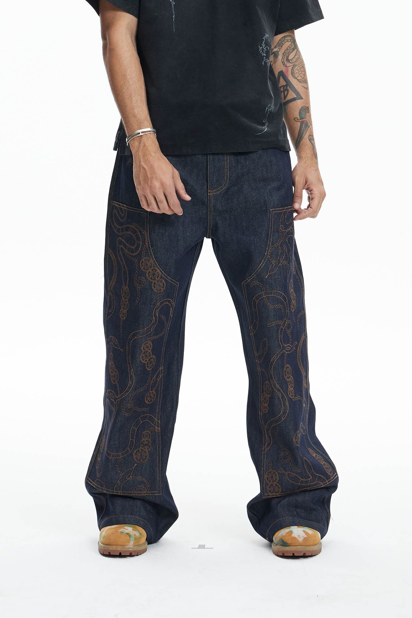 DND4DES Embroidered Snake Double Knee Jeans, premium urban and streetwear designers apparel on PROJECTISR.com, DND4DES
