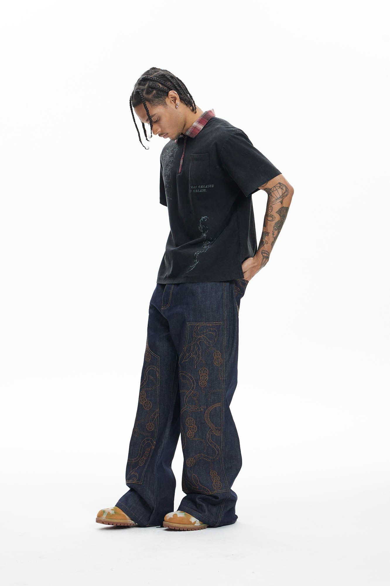 DND4DES Embroidered Snake Double Knee Jeans, premium urban and streetwear designers apparel on PROJECTISR.com, DND4DES