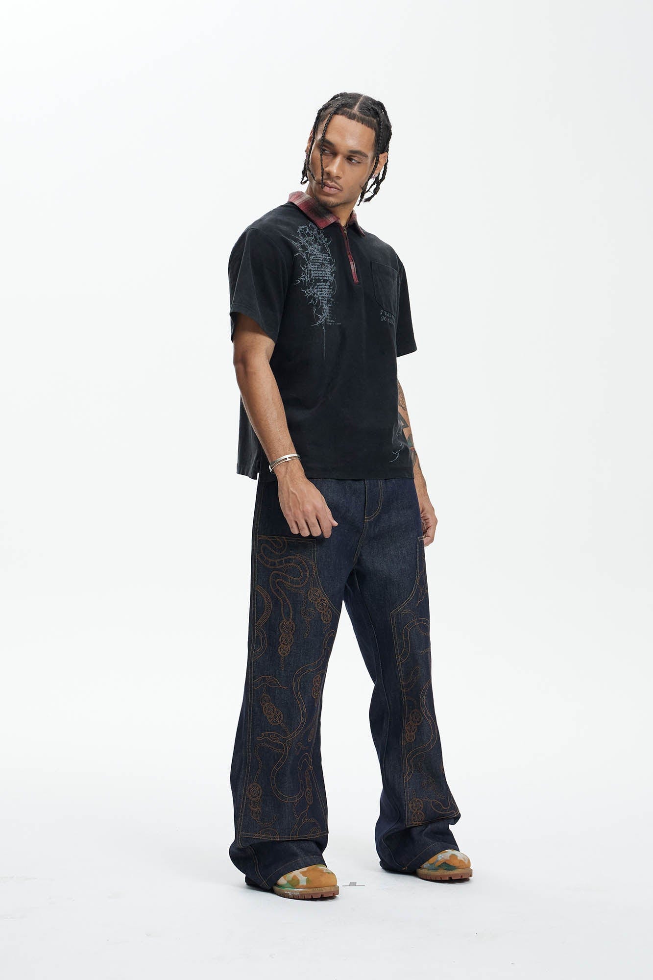 DND4DES Embroidered Snake Double Knee Jeans, premium urban and streetwear designers apparel on PROJECTISR.com, DND4DES