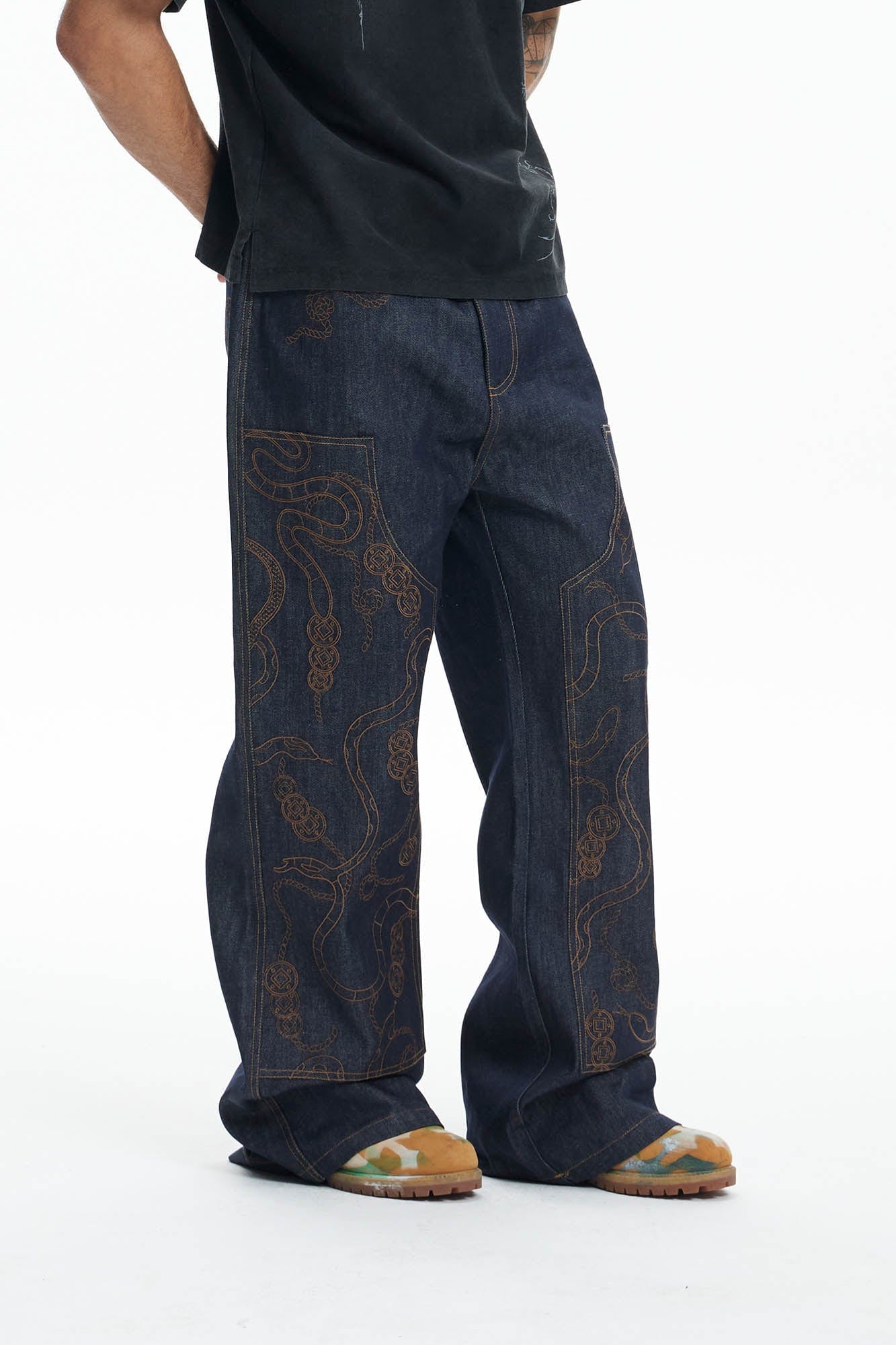 DND4DES Embroidered Snake Double Knee Jeans, premium urban and streetwear designers apparel on PROJECTISR.com, DND4DES