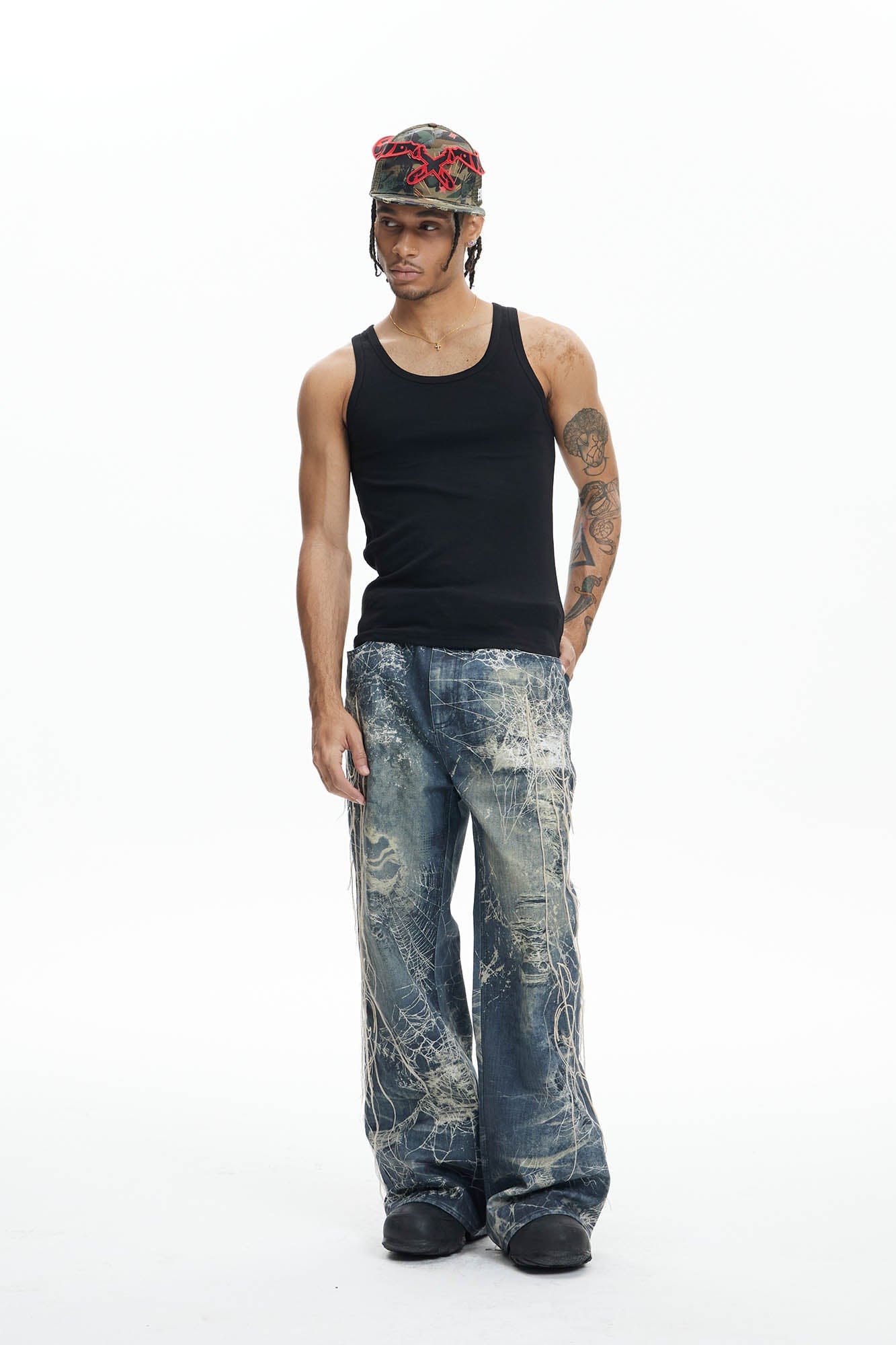 DND4DES Distressed Spider Web Embroidered Jeans, premium urban and streetwear designers apparel on PROJECTISR.com, DND4DES