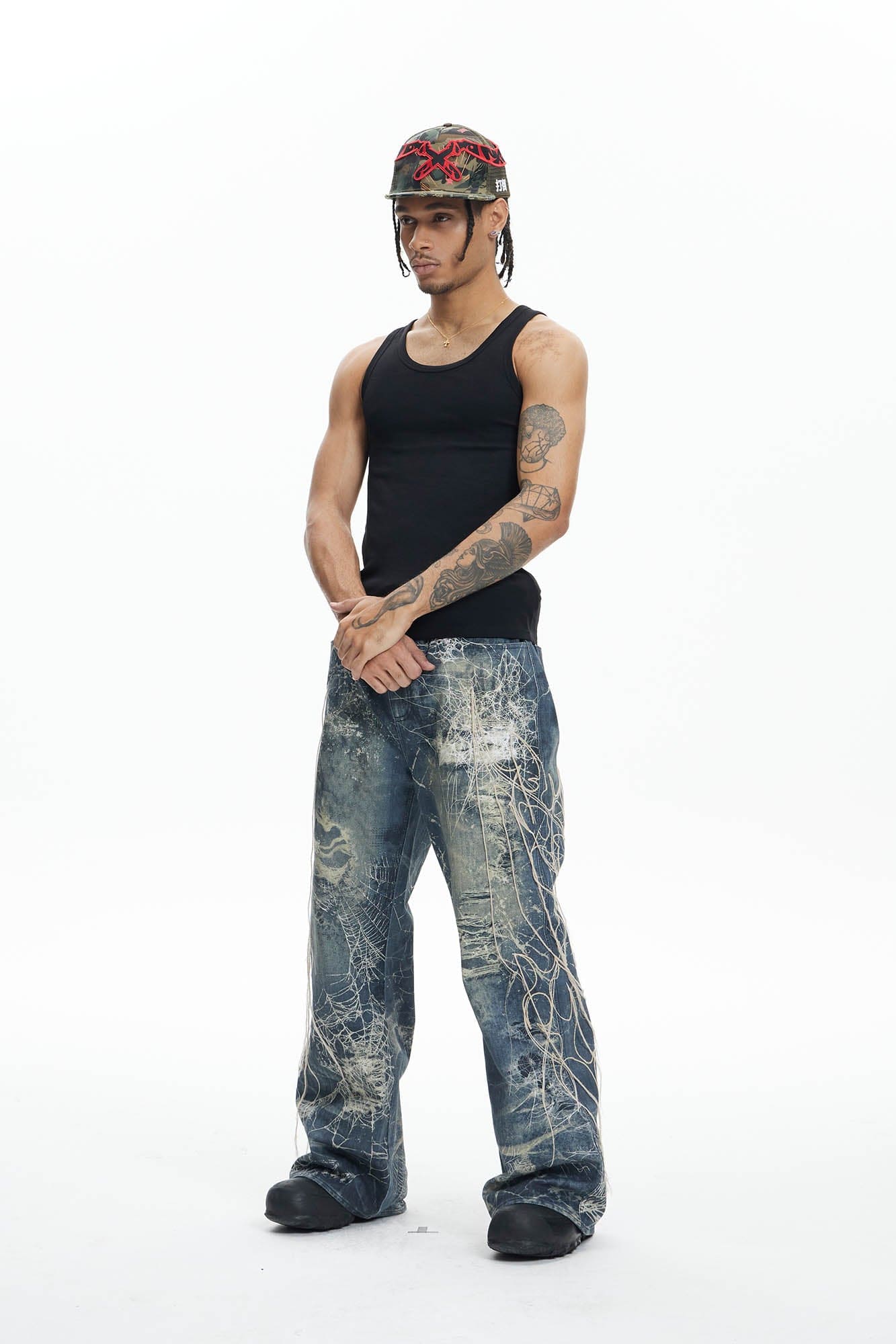 DND4DES Distressed Spider Web Embroidered Jeans, premium urban and streetwear designers apparel on PROJECTISR.com, DND4DES