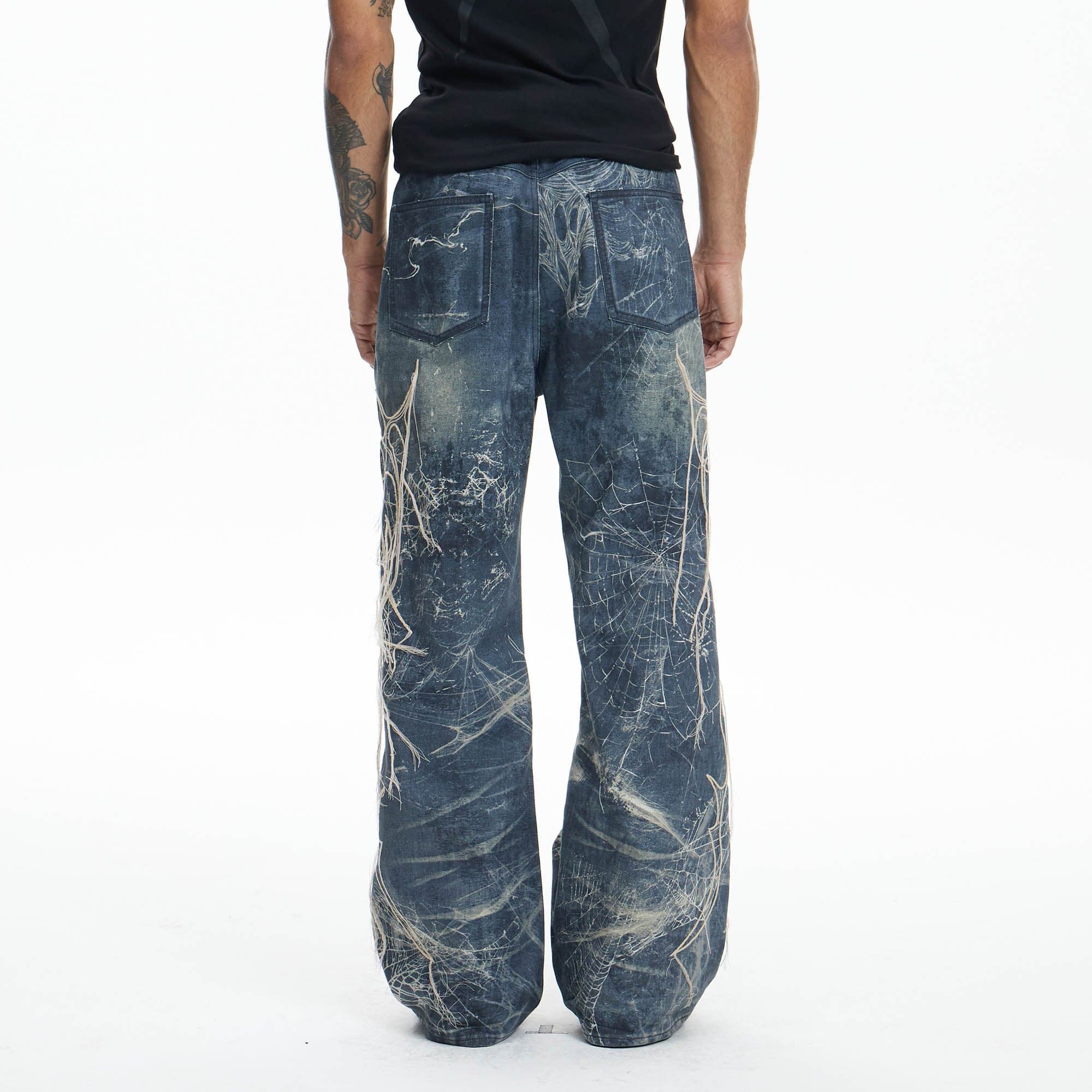 DND4DES Distressed Spider Web Embroidered Jeans, premium urban and streetwear designers apparel on PROJECTISR.com, DND4DES