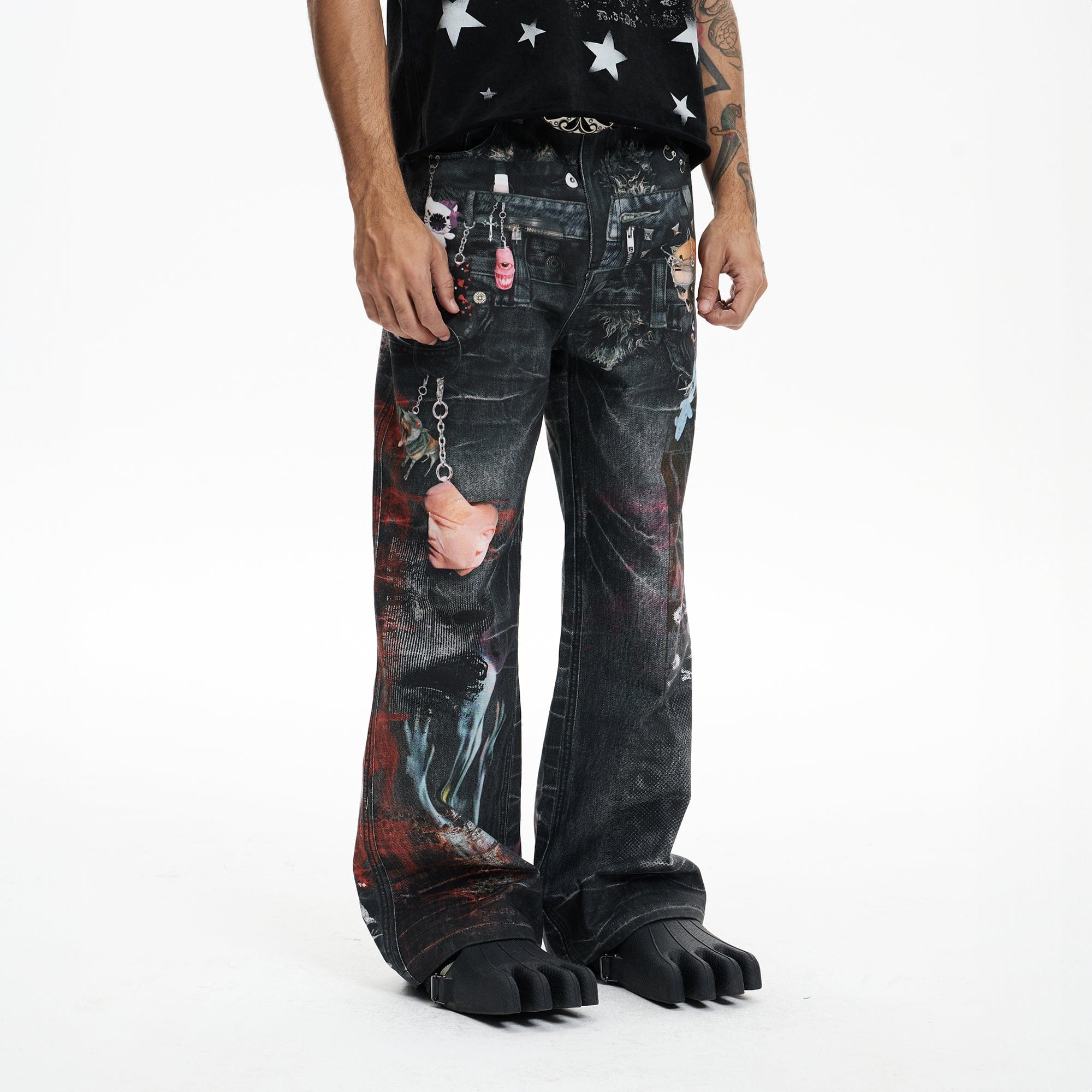 DND4DES Distressed Cyber Virus Flared Jeans, premium urban and streetwear designers apparel on PROJECTISR.com, DND4DES