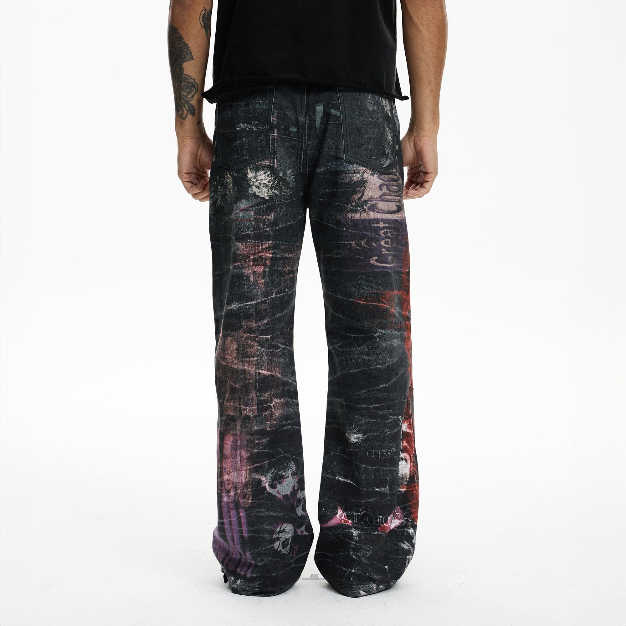 DND4DES Distressed Cyber Virus Flared Jeans, premium urban and streetwear designers apparel on PROJECTISR.com, DND4DES