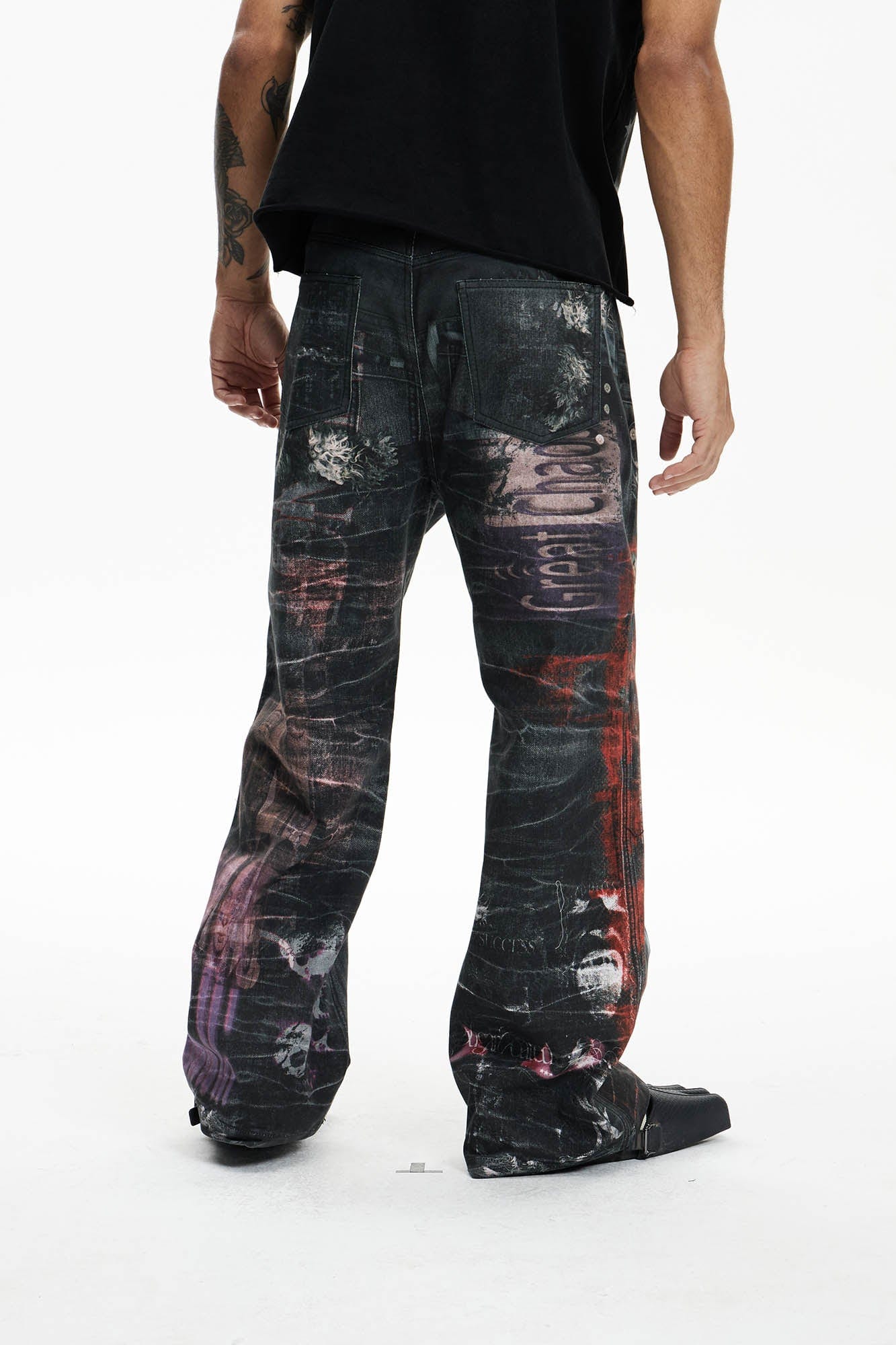DND4DES Distressed Cyber Virus Flared Jeans, premium urban and streetwear designers apparel on PROJECTISR.com, DND4DES