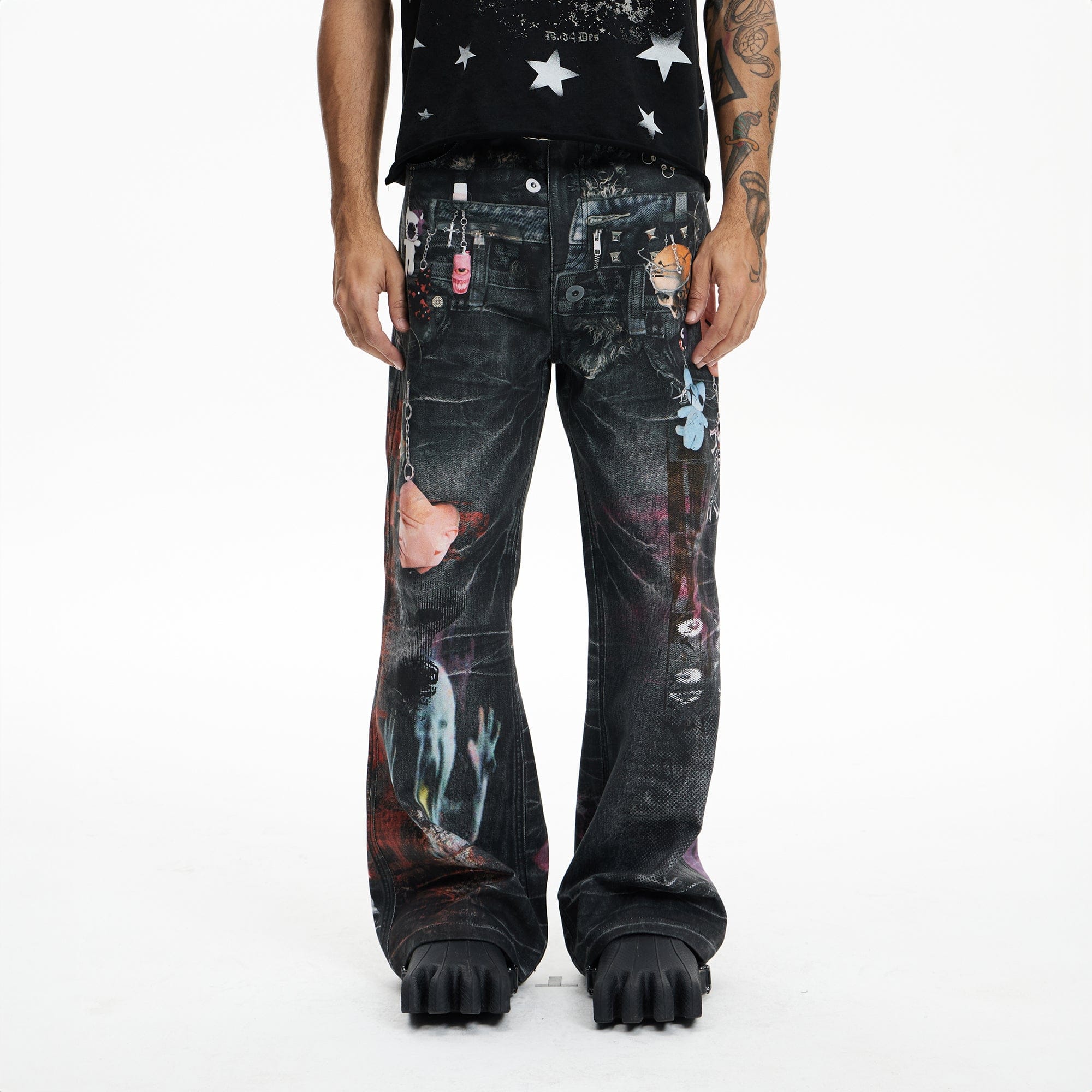 DND4DES Distressed Cyber Virus Flared Jeans, premium urban and streetwear designers apparel on PROJECTISR.com, DND4DES