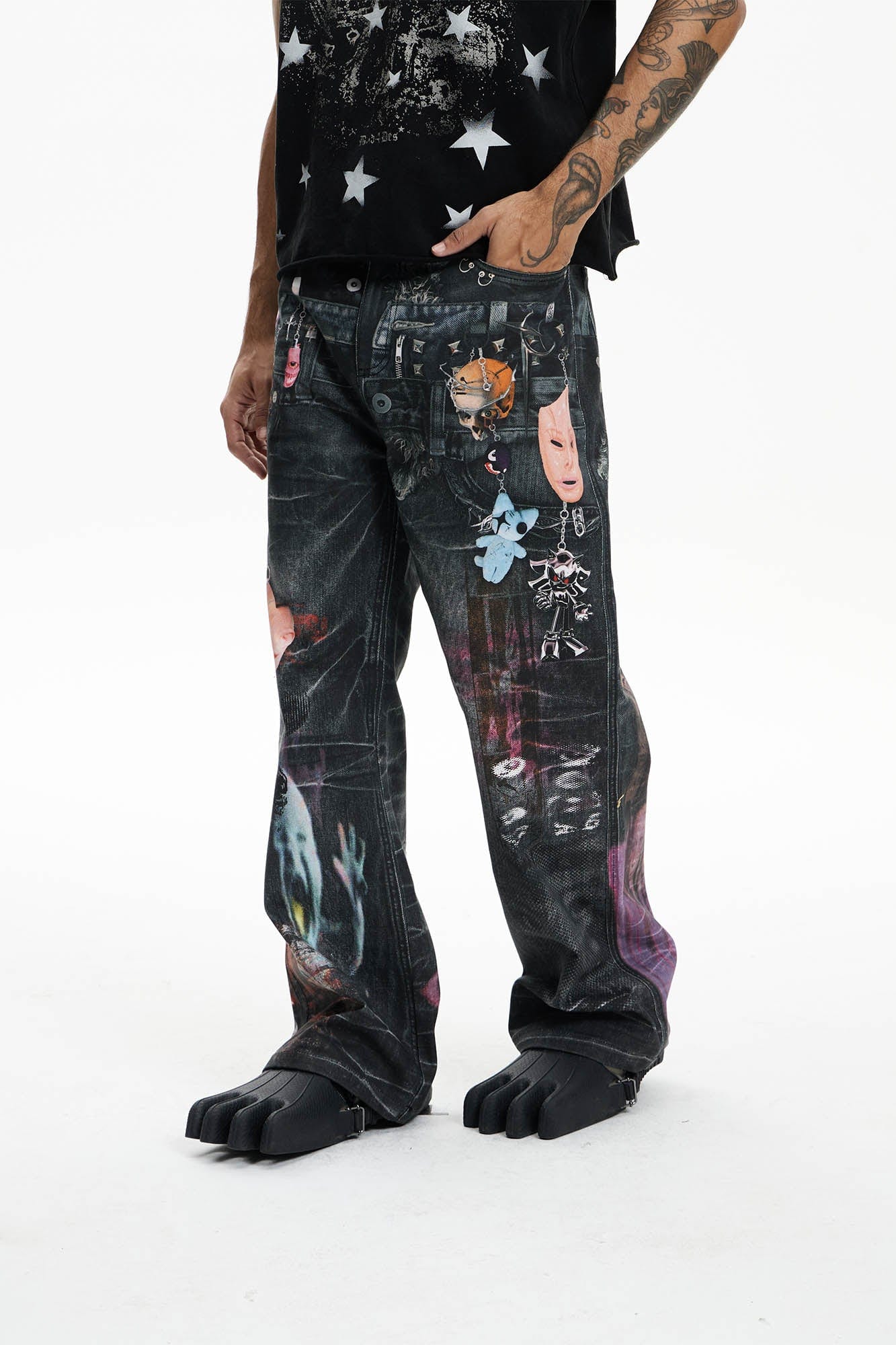 DND4DES Distressed Cyber Virus Flared Jeans, premium urban and streetwear designers apparel on PROJECTISR.com, DND4DES