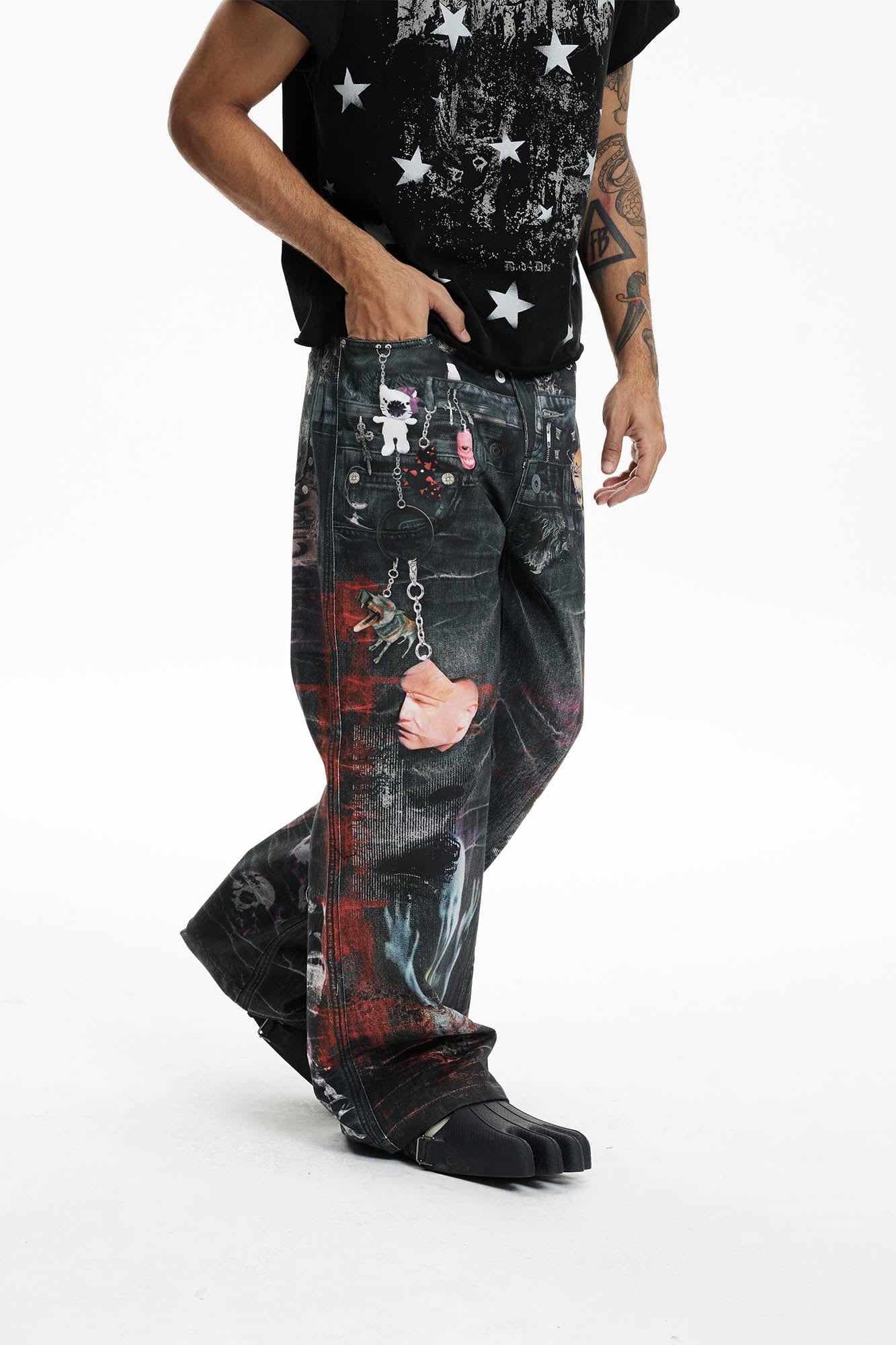 DND4DES Distressed Cyber Virus Flared Jeans, premium urban and streetwear designers apparel on PROJECTISR.com, DND4DES