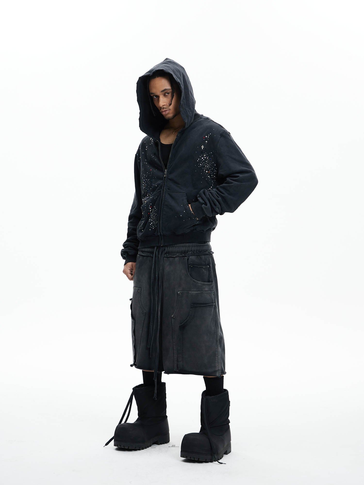 DND4DES Sparkle Diamond Distressed Zip-Up Hoodie, premium urban and streetwear designers apparel on PROJECTISR.com, DND4DES