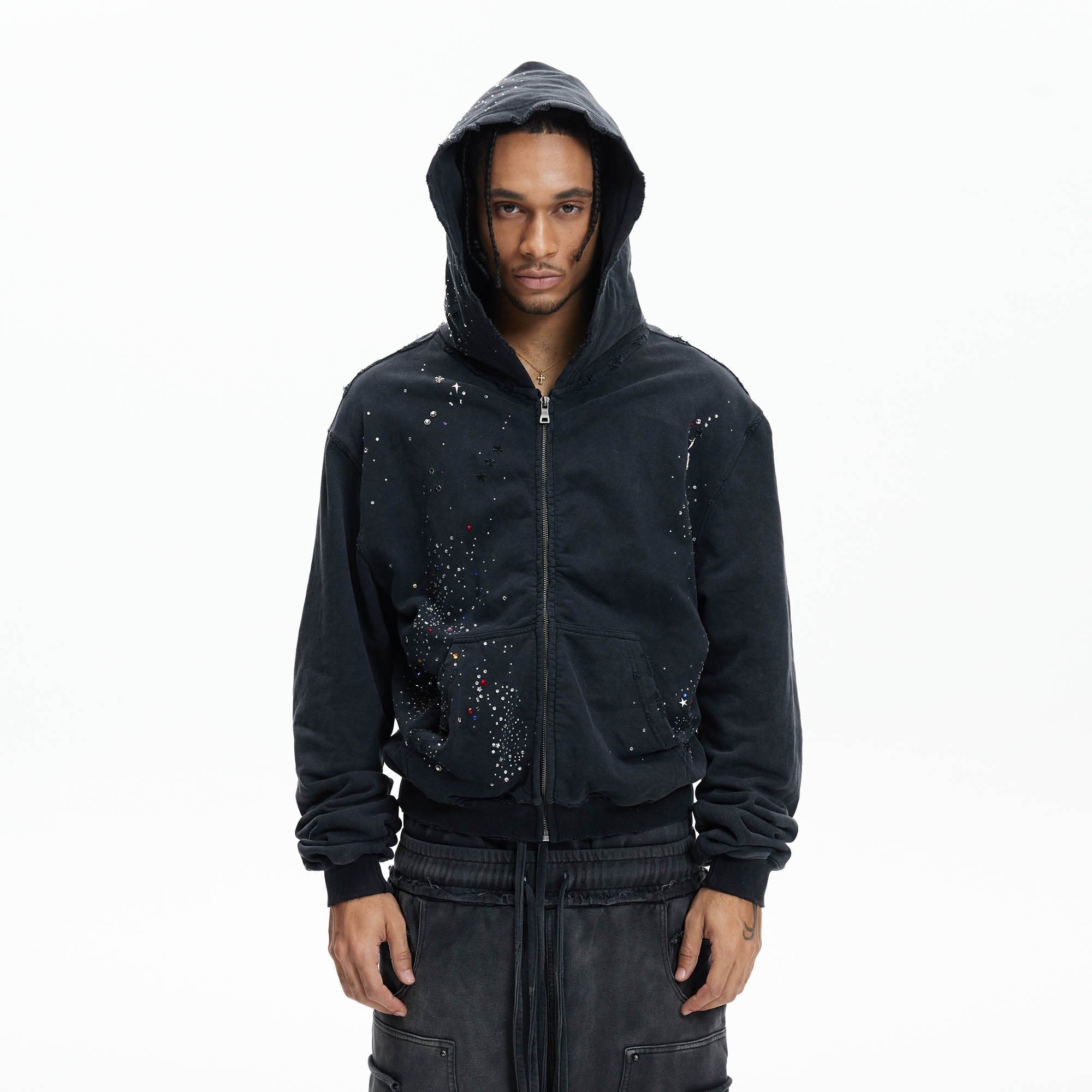 DND4DES Sparkle Diamond Distressed Zip-Up Hoodie, premium urban and streetwear designers apparel on PROJECTISR.com, DND4DES