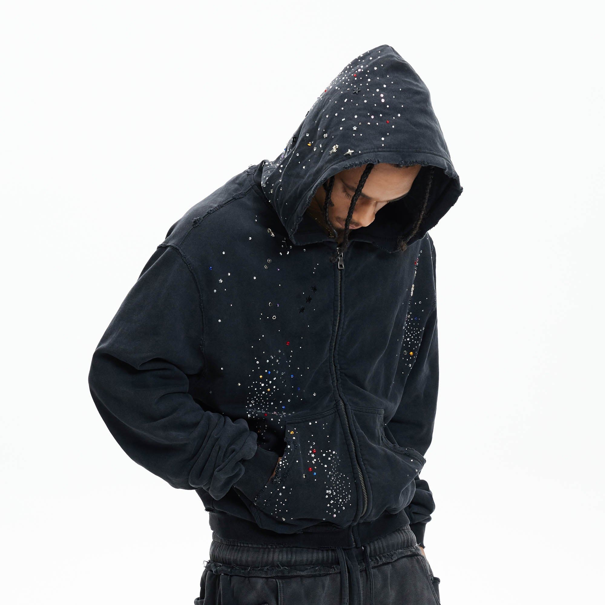 DND4DES Sparkle Diamond Distressed Zip-Up Hoodie, premium urban and streetwear designers apparel on PROJECTISR.com, DND4DES