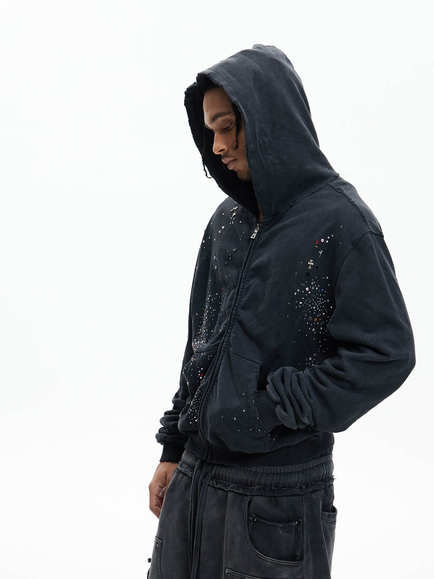 DND4DES Sparkle Diamond Distressed Zip-Up Hoodie, premium urban and streetwear designers apparel on PROJECTISR.com, DND4DES