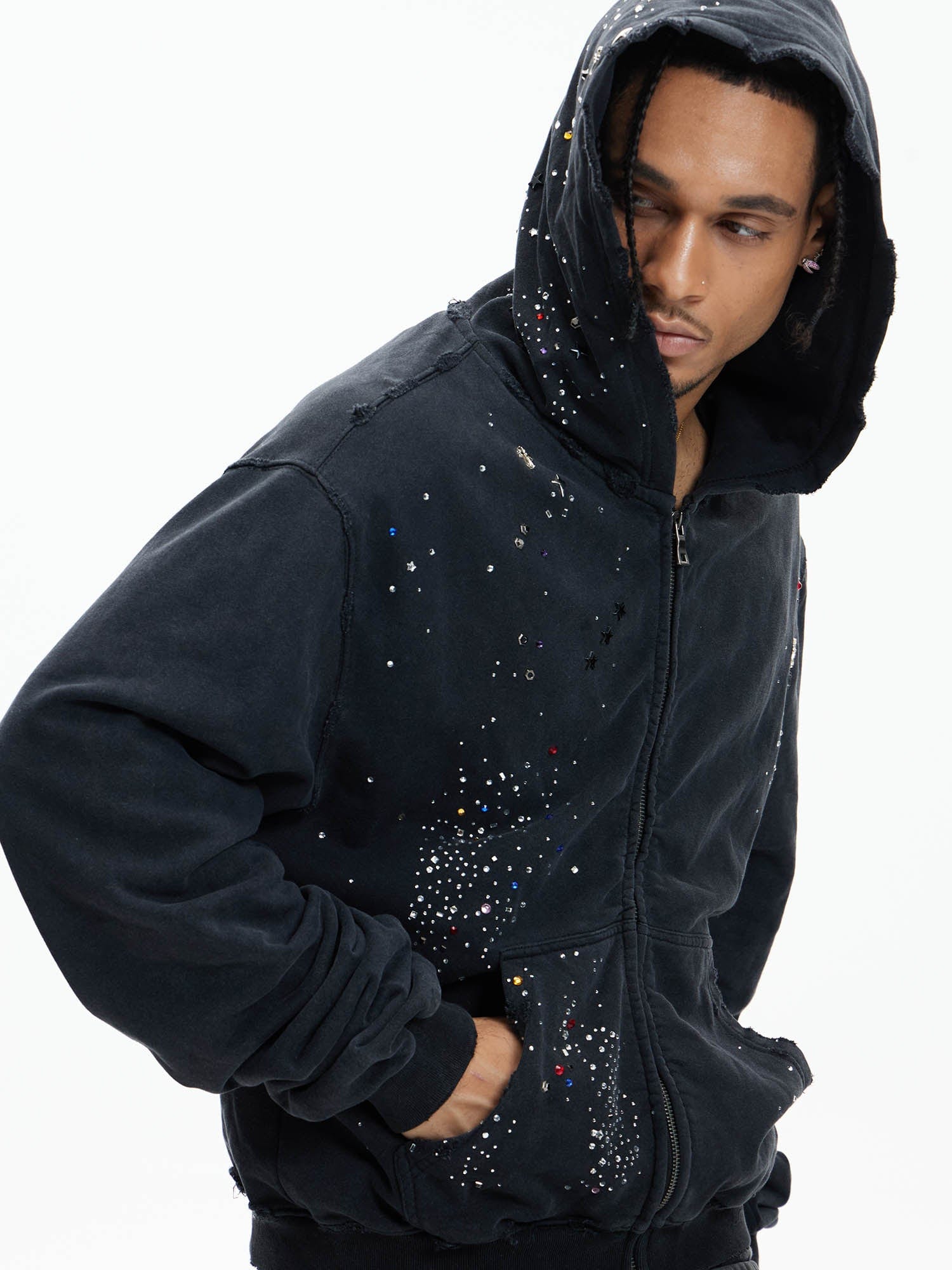 DND4DES Sparkle Diamond Distressed Zip-Up Hoodie, premium urban and streetwear designers apparel on PROJECTISR.com, DND4DES