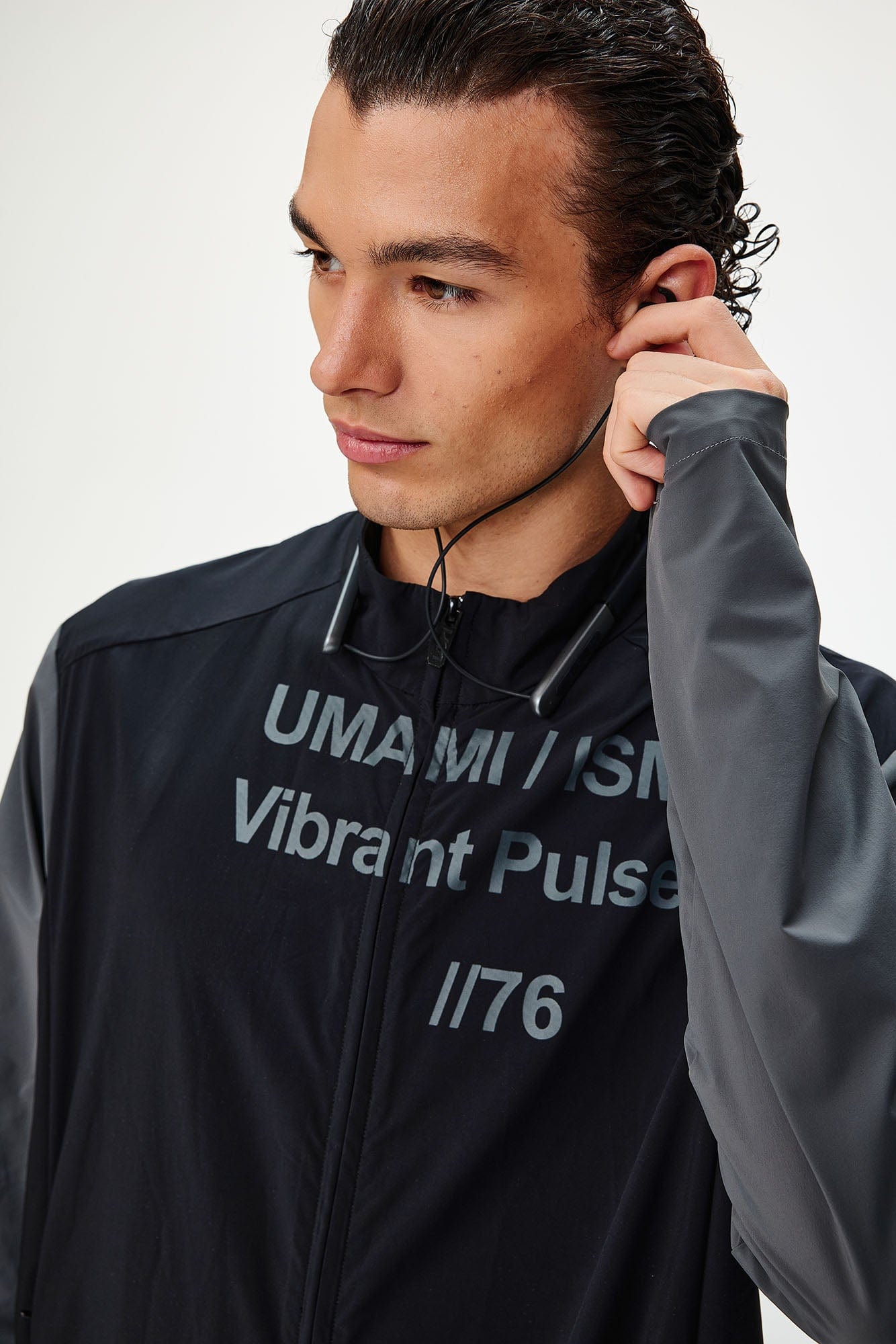 UMAMIISM Slogan Contrast Sleeve Mock Neck UV Protection Jacket, premium urban and streetwear designers apparel on PROJECTISR.com, UMAMIISM