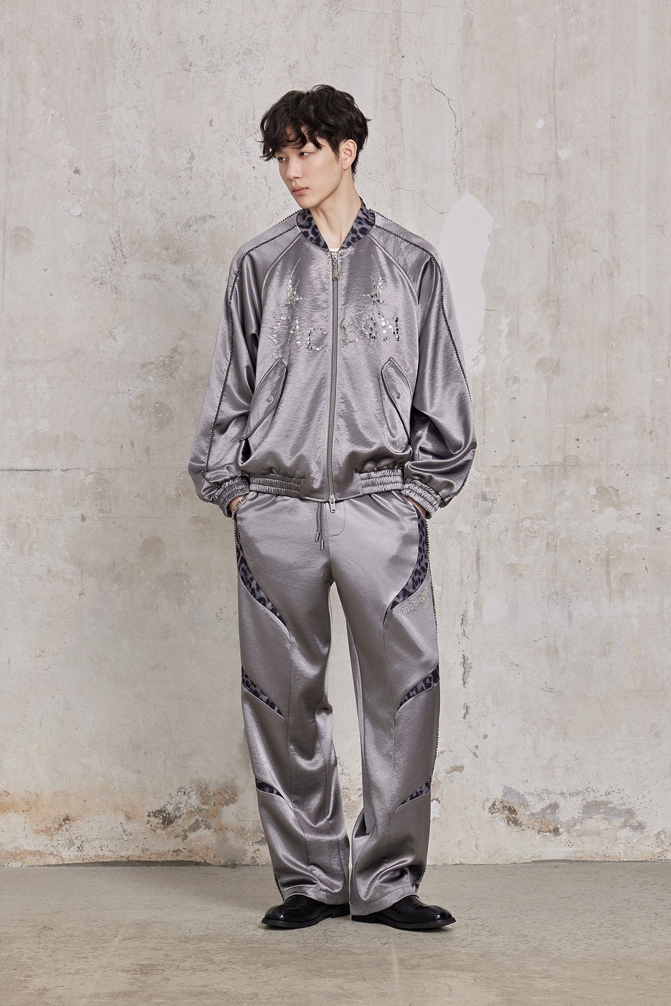 FACEONLAB Diamond Leopard-Spliced Satin Pants
