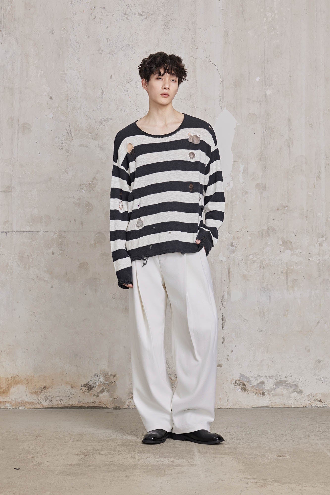 FACEONLAB Stripe Distressed Frayed Crewneck Sweater, premium urban and streetwear designers apparel on PROJECTISR.com, FACEONLAB