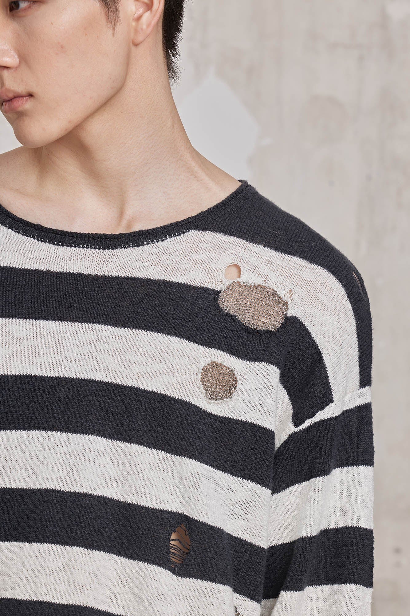 FACEONLAB Stripe Distressed Frayed Crewneck Sweater, premium urban and streetwear designers apparel on PROJECTISR.com, FACEONLAB