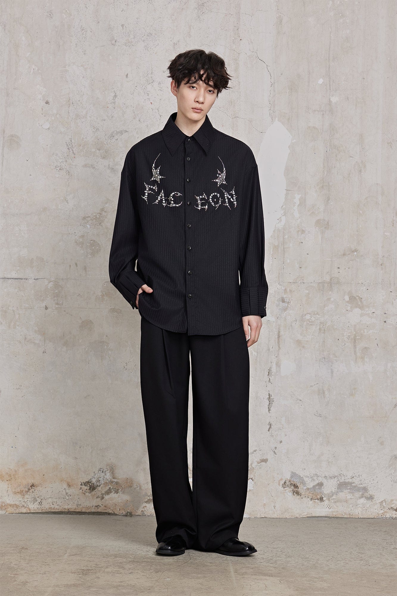 FACEONLAB Pinstriped Rivet Diamond Shirt, premium urban and streetwear designers apparel on PROJECTISR.com, FACEONLAB