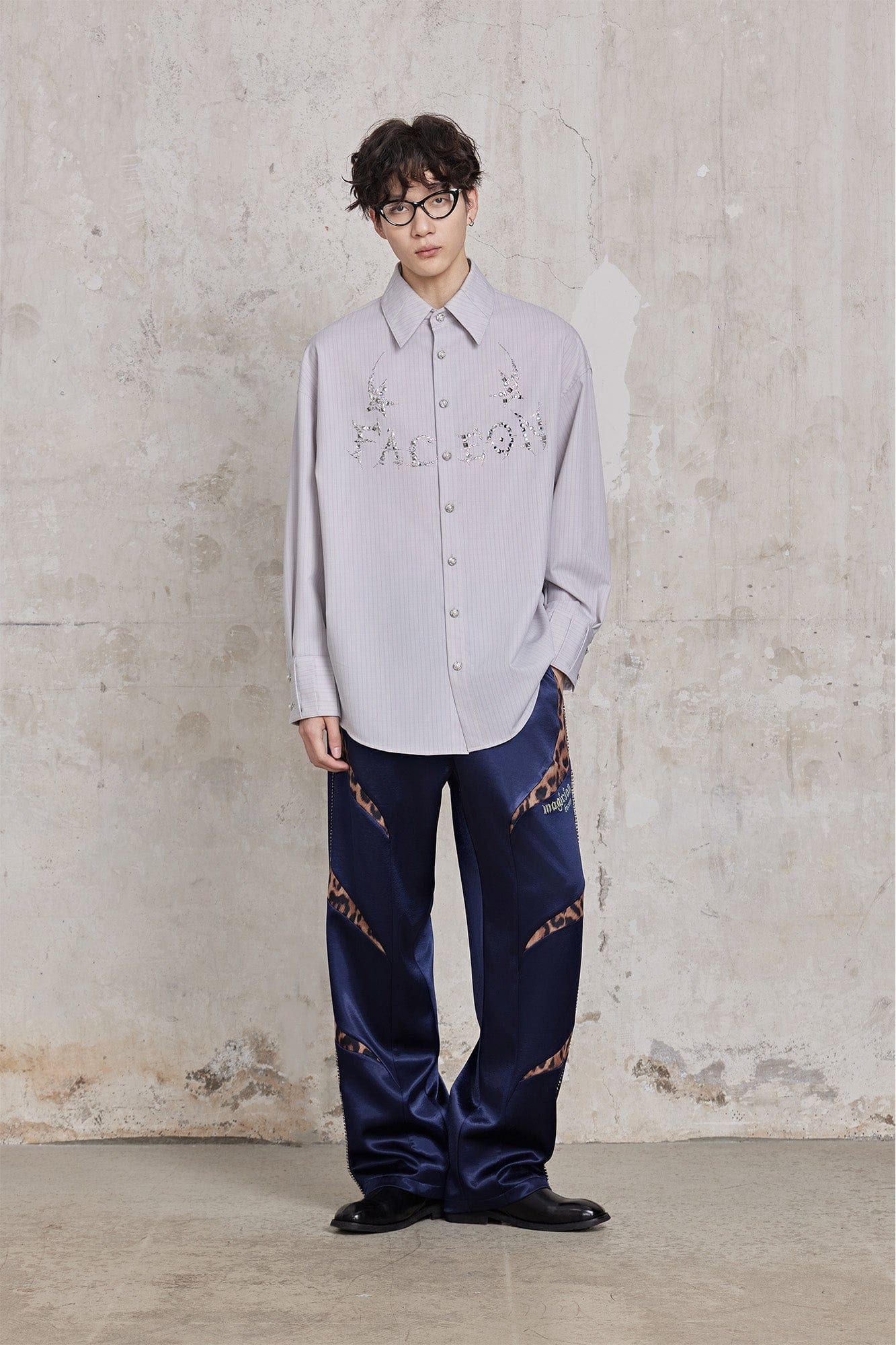 FACEONLAB Pinstriped Rivet Diamond Shirt, premium urban and streetwear designers apparel on PROJECTISR.com, FACEONLAB